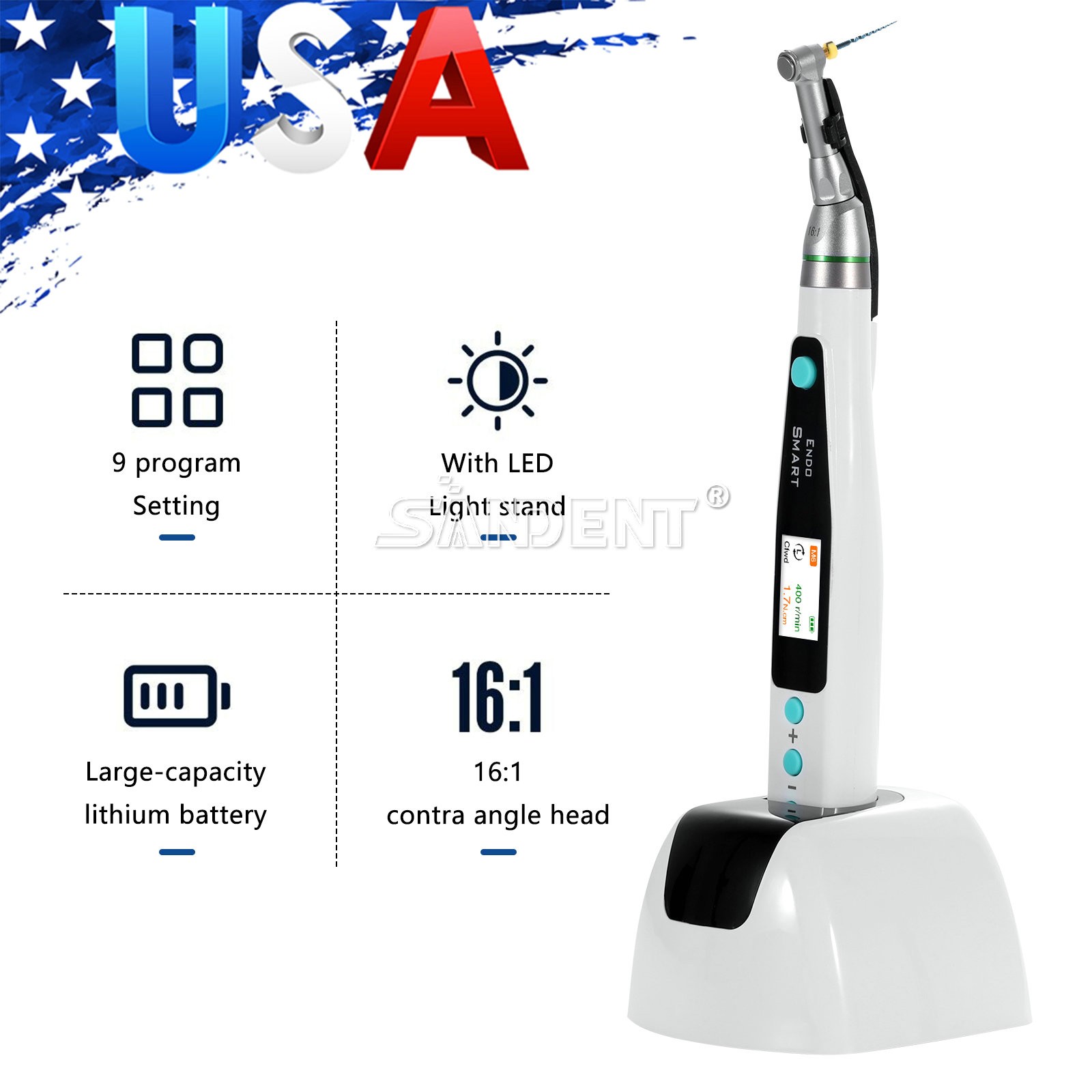 Smart Reciprocating LED Dental Endo Motor Root Canal Cordless / 1:1 16:1 Head