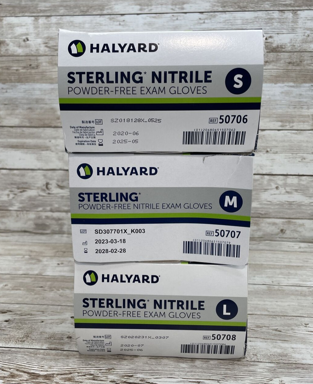 3 HALYARD STERLING NITRILE EXAM GLOVES SIZE: 1 SMALL, 1 MEDIUM, 1 LARGE