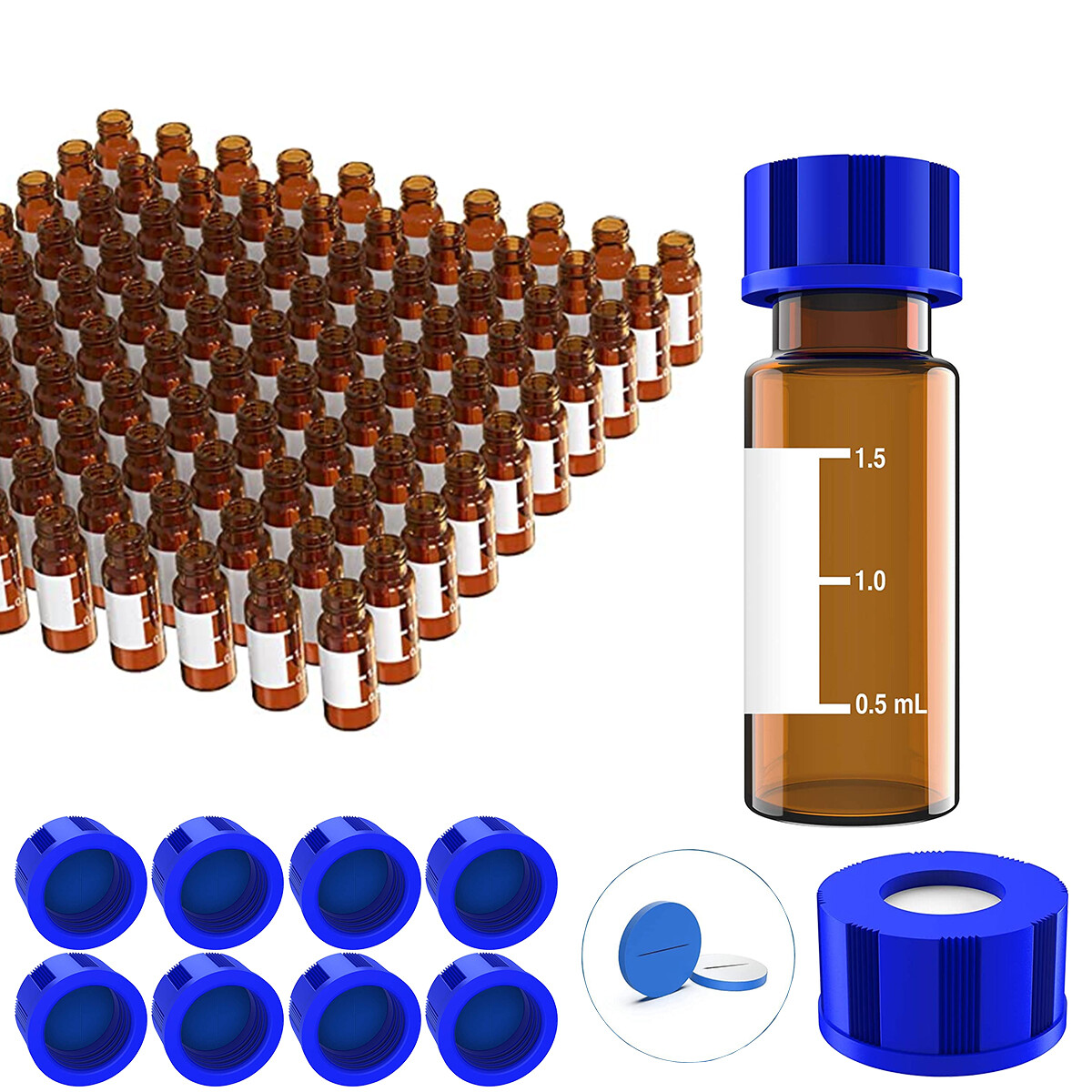 100Pcs 2ml 9-425 Small Glass HPLC Vials Bottles Amber Containers With Screw Caps
