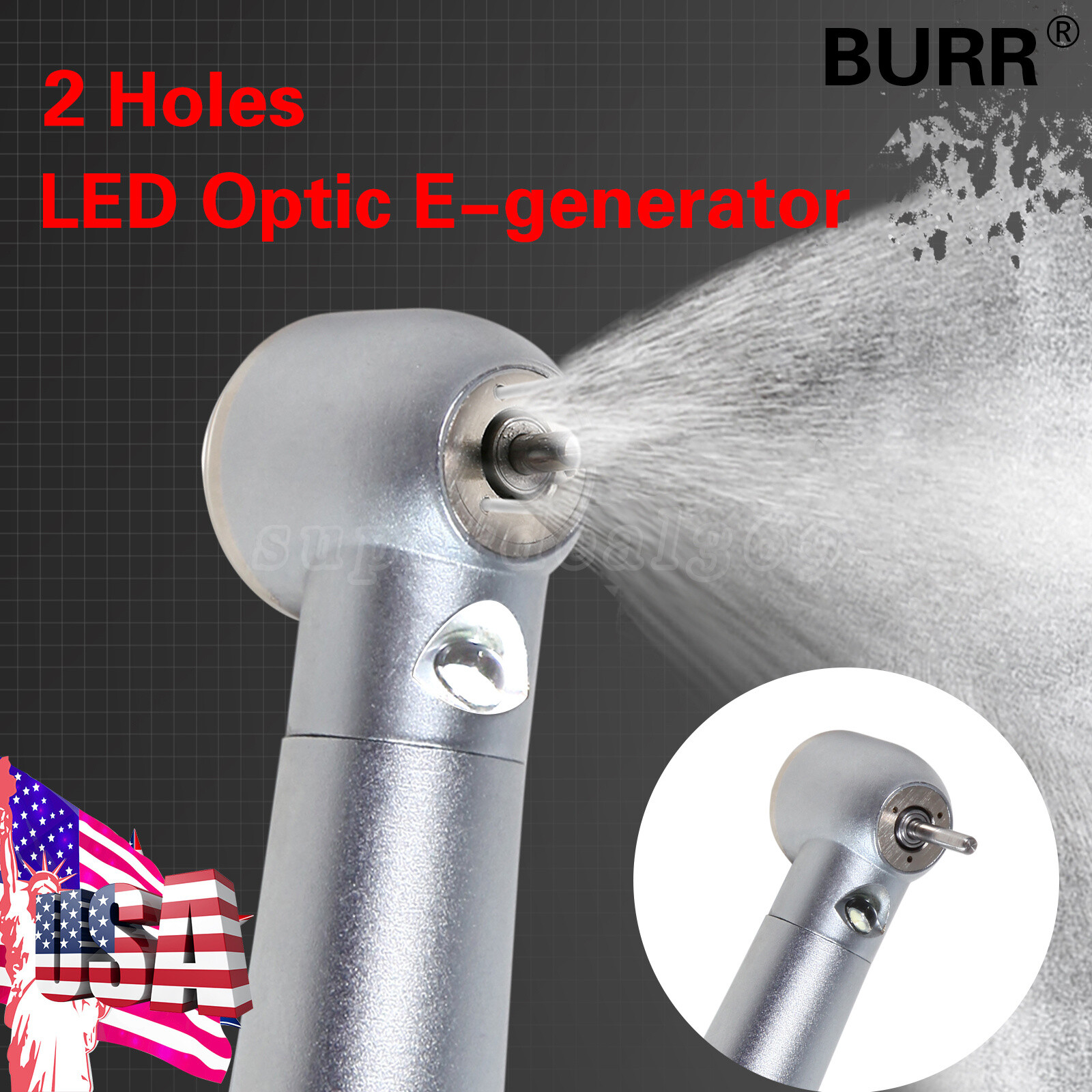 Dental Fiber Optic LED E-generator High Speed Air Turbine Handpiece 2 Holes USA