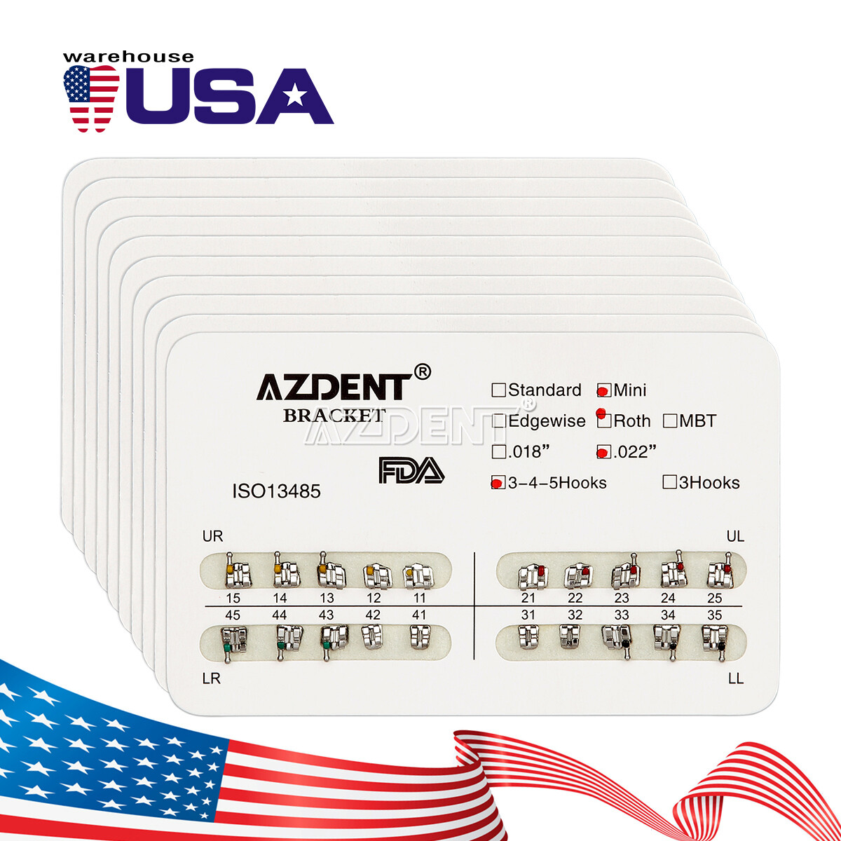 US AZDENT Dental Orthodontic Brackets Braces Mini Roth Slot.022 3-4-5 Hooks