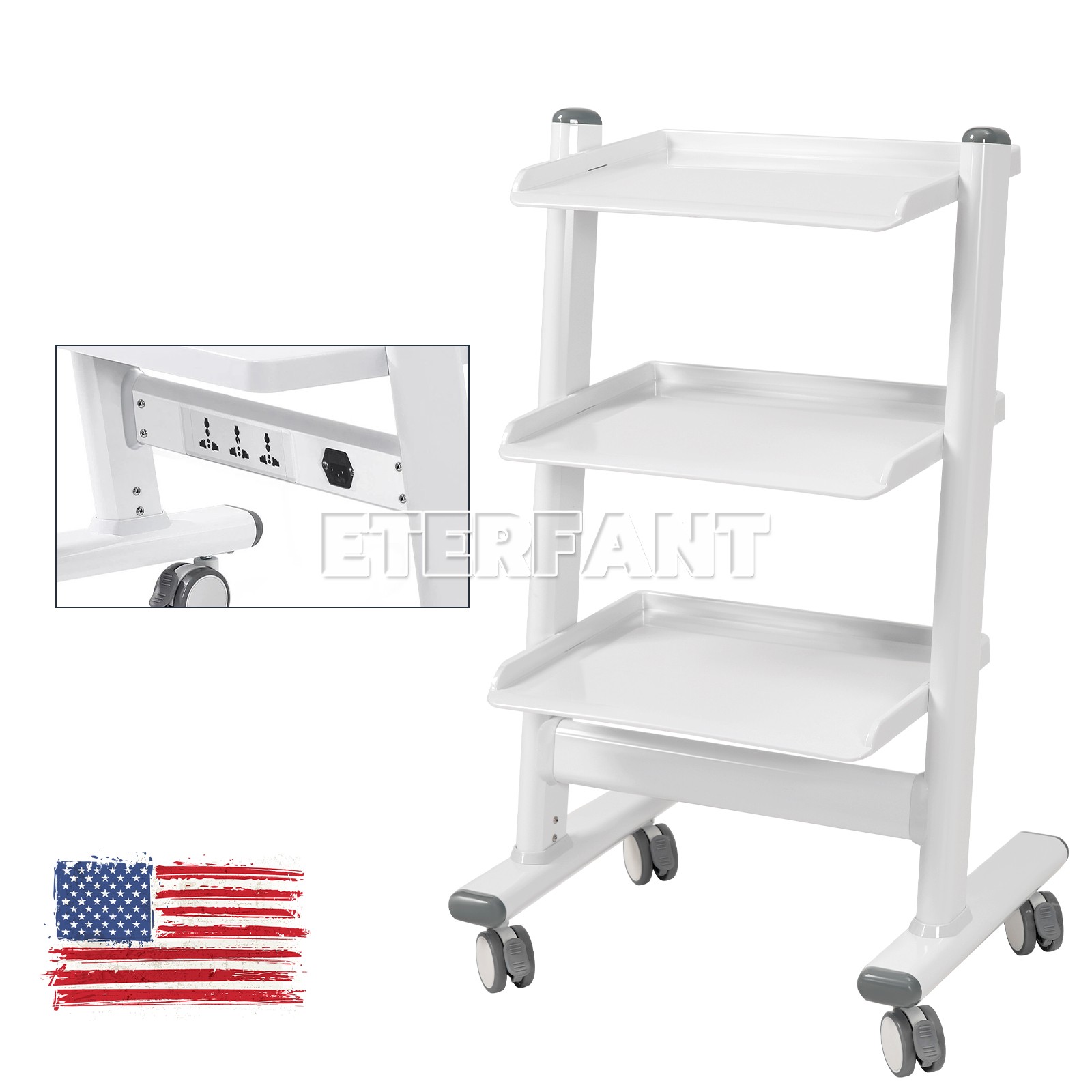 Dental 3 Layer Trolley Medical Tool Cart Mobile ABS Instrument Stand w/ Sockets