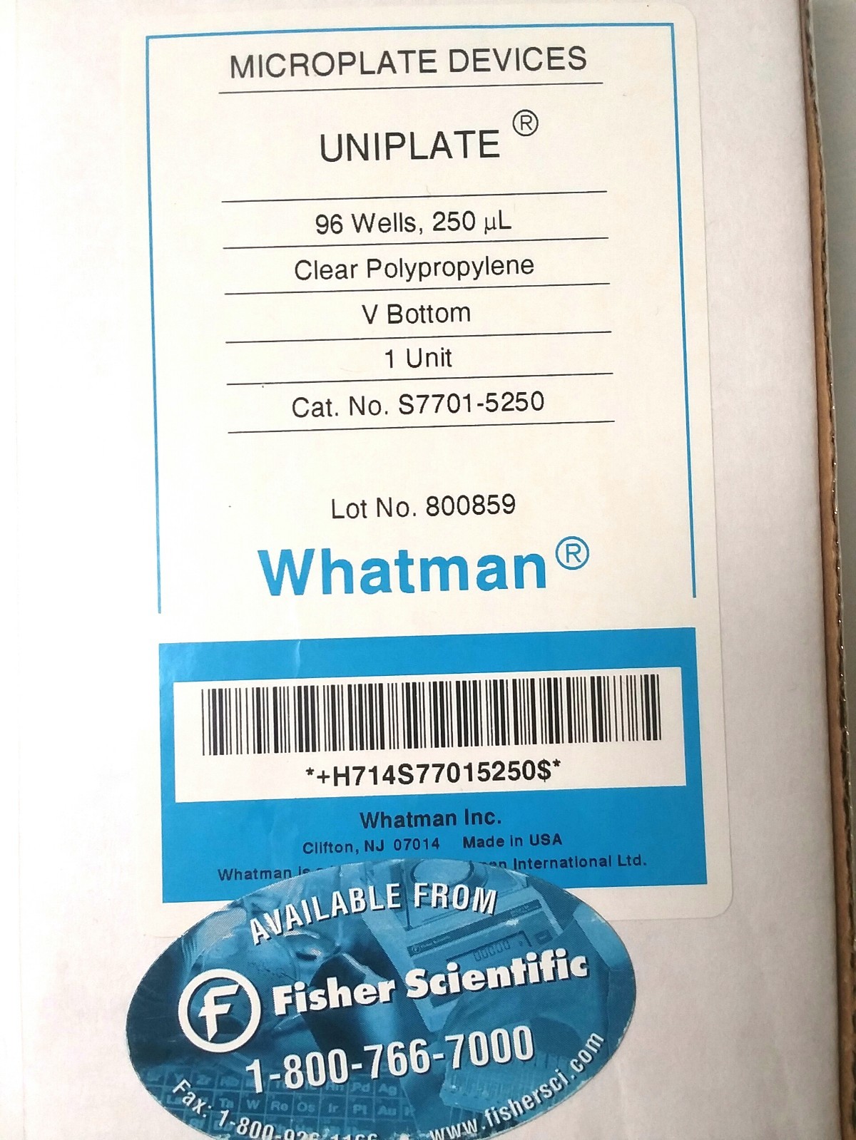 Whatman S7701-5250 Uniplate 96 Well 250 µL PP Microplate V Bottom – 1 Unit