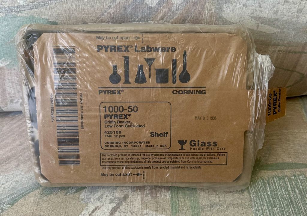 PYREX 1000-50 Glass Beakers 50mL Case of 12 Corning Labware 1996 – New & Sealed!