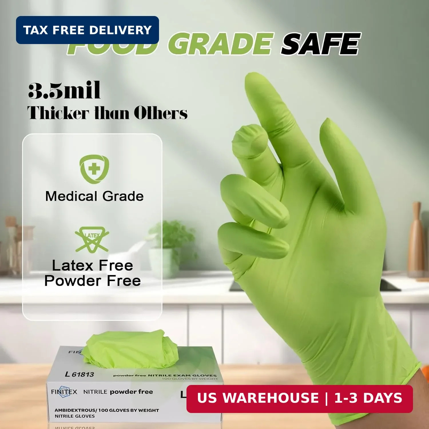FINITEX Nitrile Disposable Gloves – Green 3.5mil 100 PCS Powder-Free Latex- L