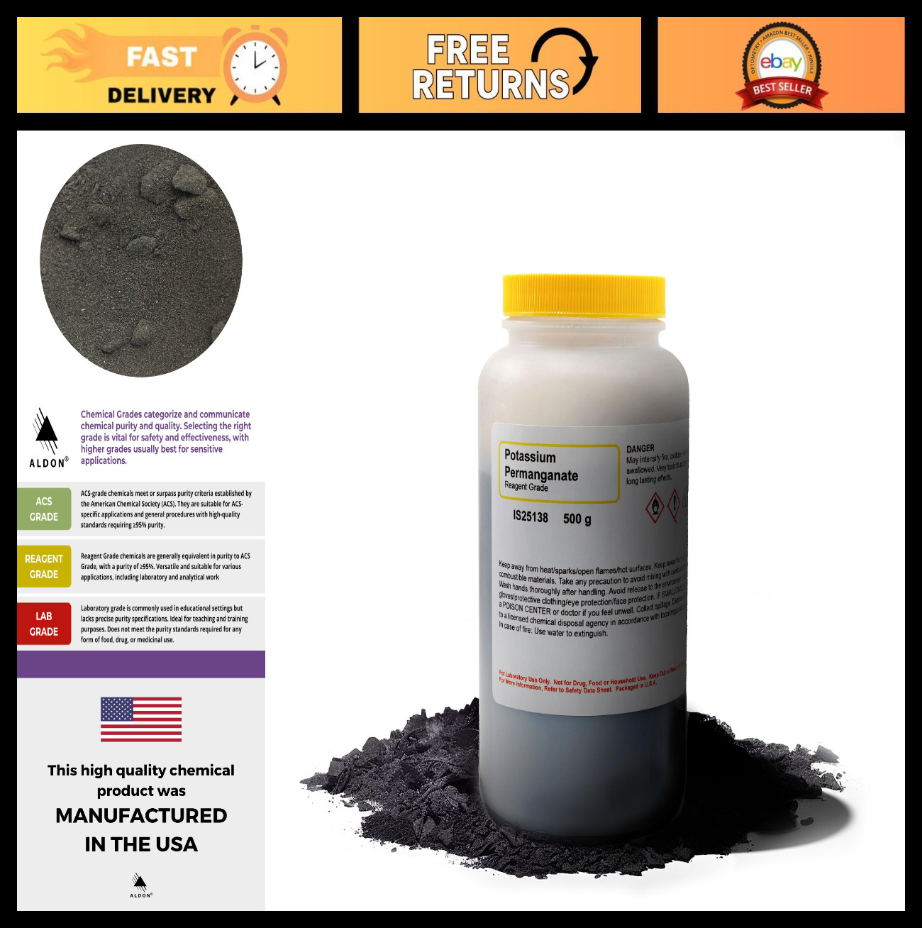Potassium Permanganate Powder 500g – Reagent-Grade, High Purity Chemical for Lab