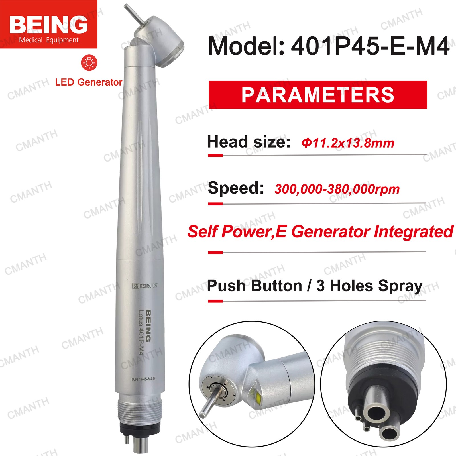 BEING Dental 45 Degree Surgical Handpiece High Speed Turbine 4 Hole LED Reverse