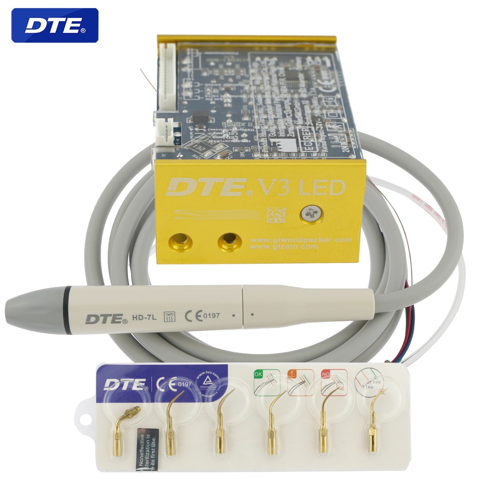 Woodpecker Dental Ultrasonic Scaler DTE V3 LED Handpiece HD-7L Piezo Tip GD1 PD1