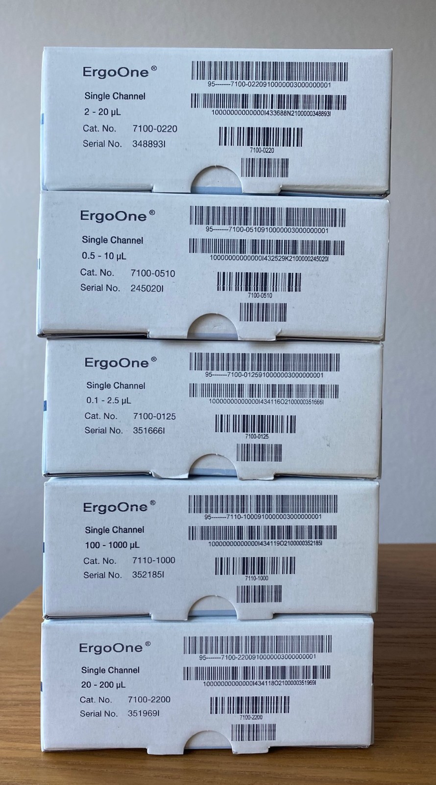 ErgoOne variable volume pipettes set p2.5, 10, 20, 200 and 1000 ul