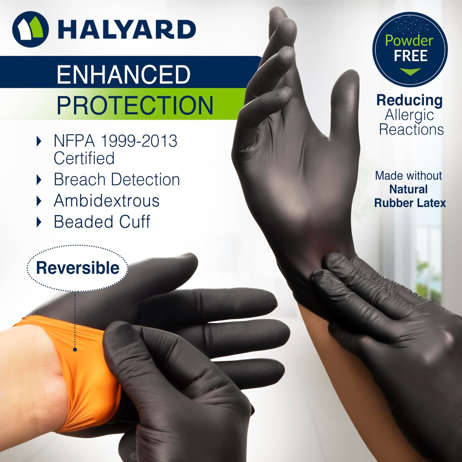 Nitrile Exam Gloves 5.5 mil, 9.5″ Black/Orange – Powder-Free, Quick Check, Dispo