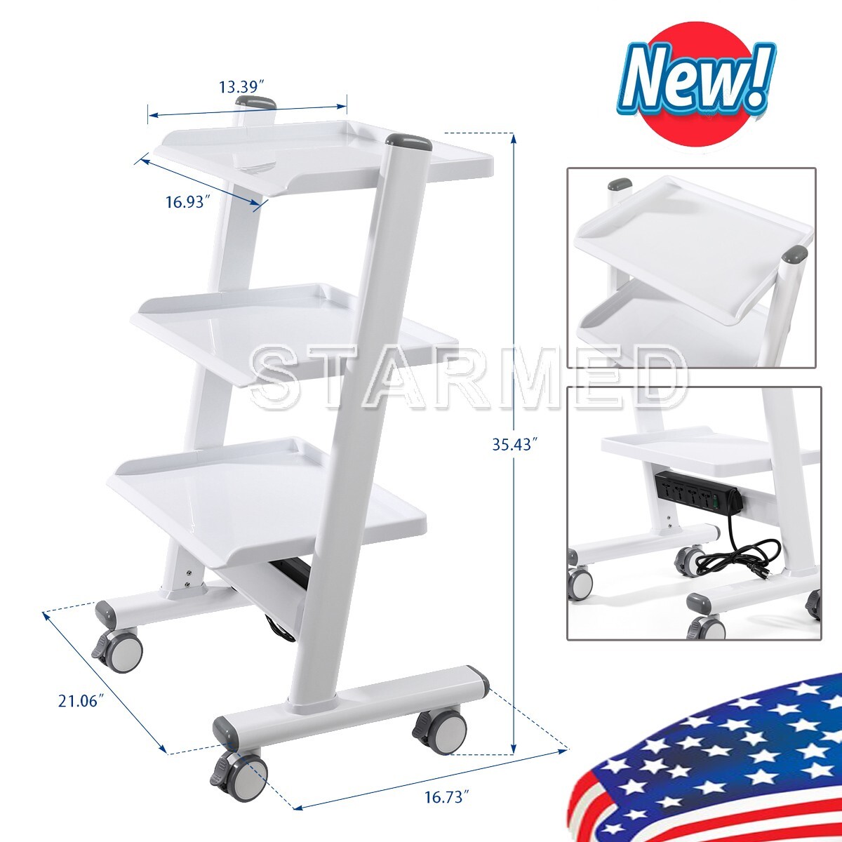 Three Layer Dental Trolley Mobile Instrument Cart Medical Tool Cart with Socket