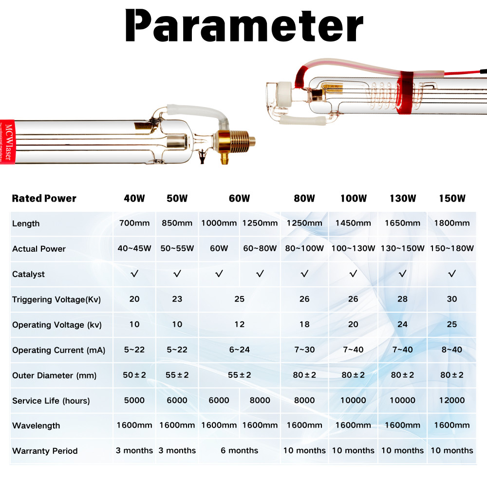 40W 50W 60W 70W 80W 100W 130W 150W CO2 Laser Tube for Laser Engraving Engraver