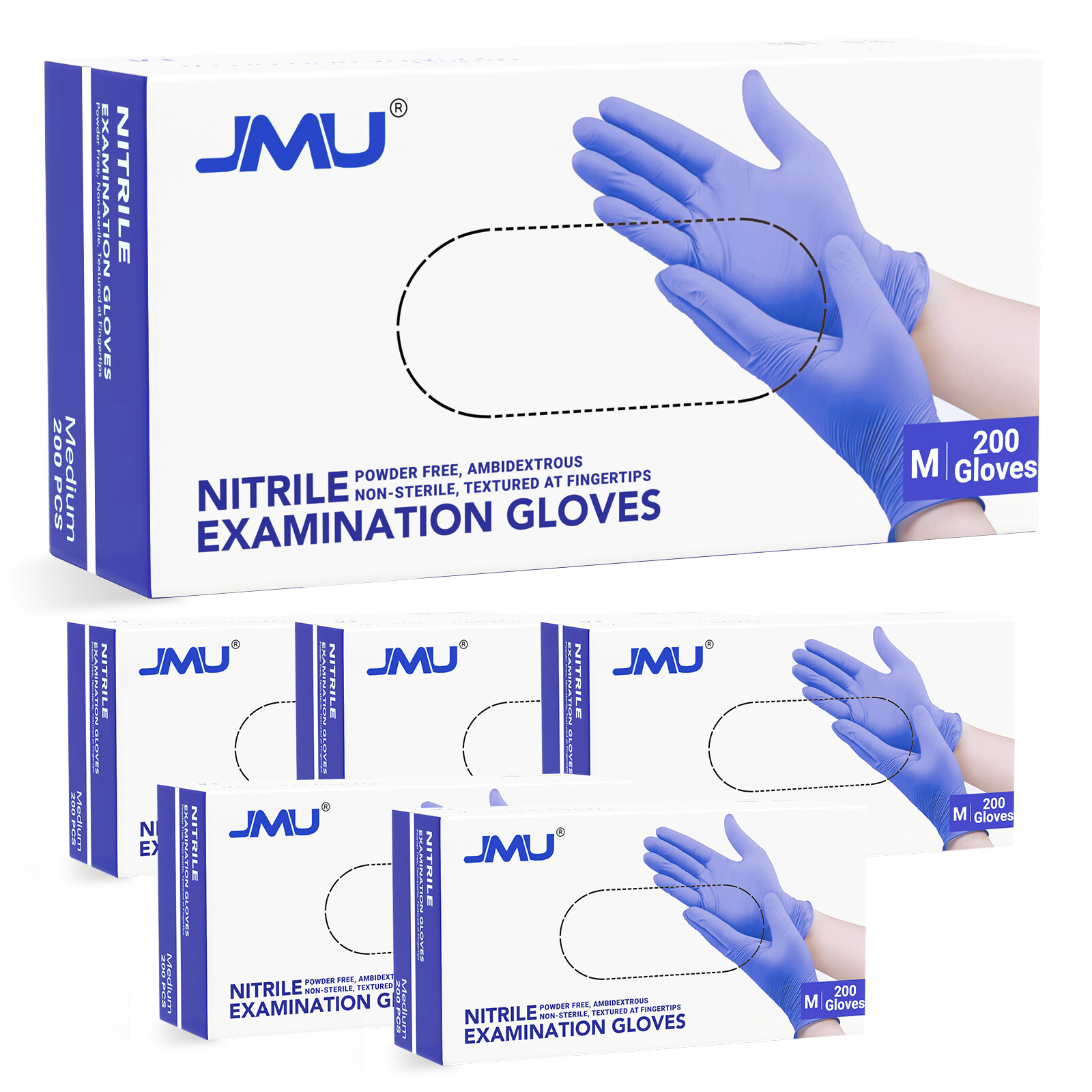 1200/CASE JMU Medical Nitrile Exam Gloves 3.5 Mil Latex & Powder Free, XS/S/M/L