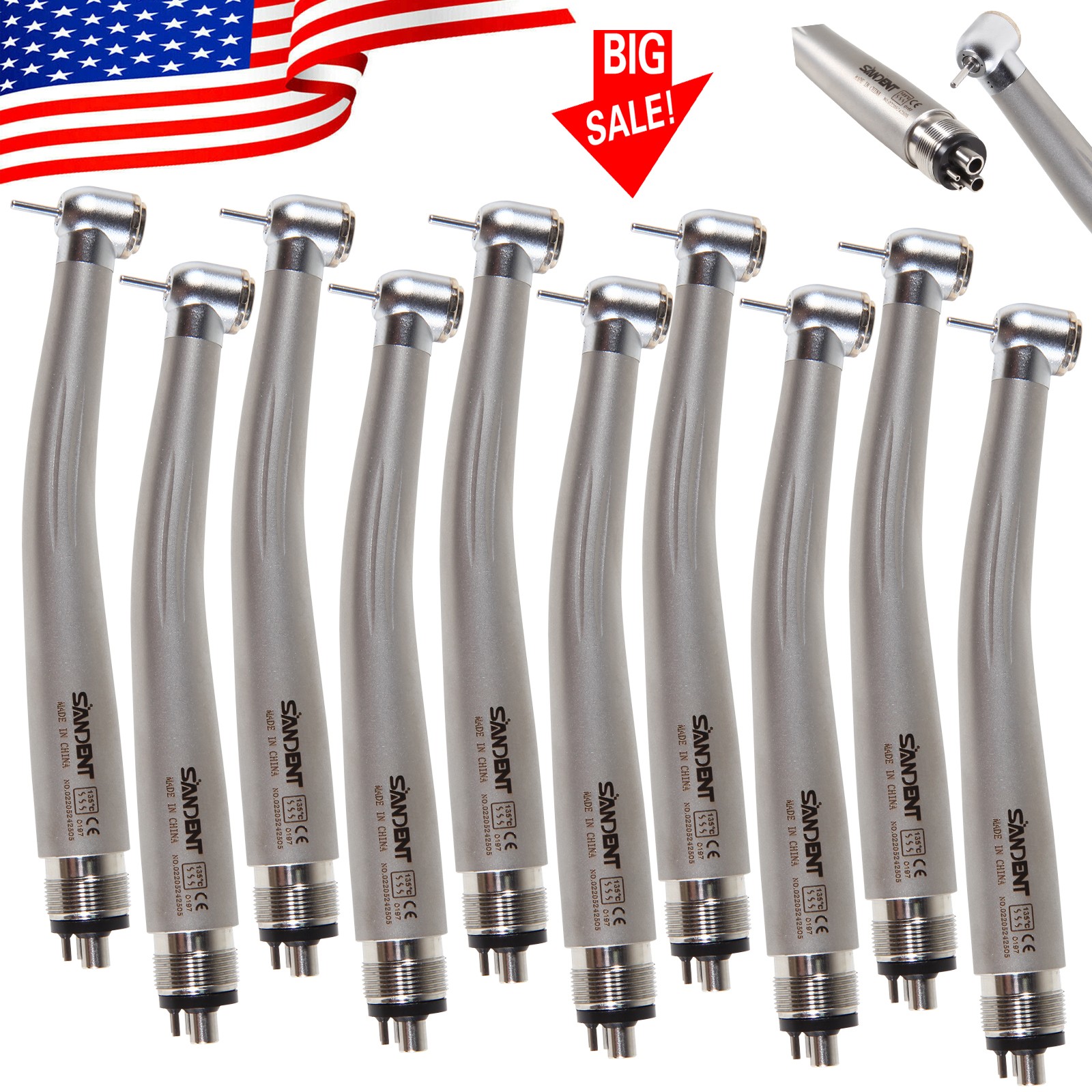 10 PCS SANDENT Dental Fast High Speed Handpiece Air Turbine 4 Holes 135°C