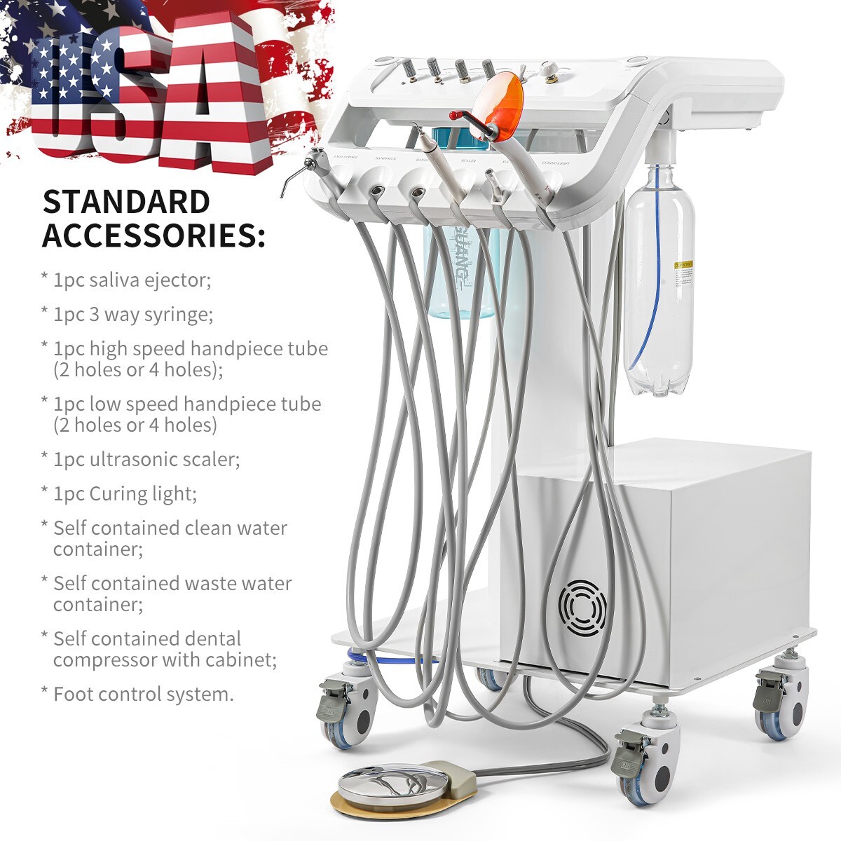 Portable Dental Delivery Unit with Air Compressor Rolling Trolley Treatment