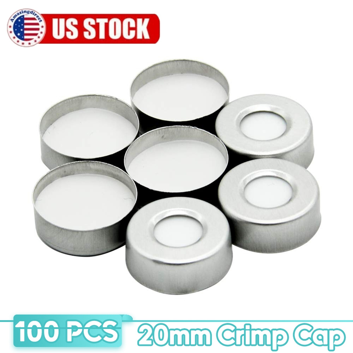 100PCS Caps Crimp Top 20mm Aluminum Hole PTFE/Silicone Septa for Headspace Vials