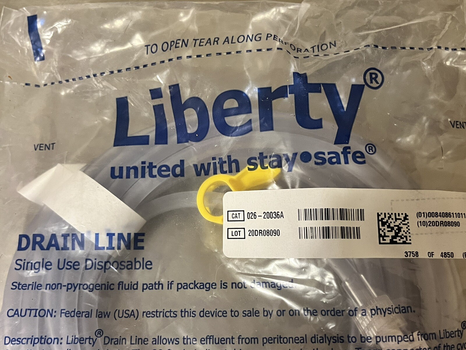 New in package LIBERTY UNITED DRAIN LINE WITH STAY SAFE SINGLE USE DISPOSABLE