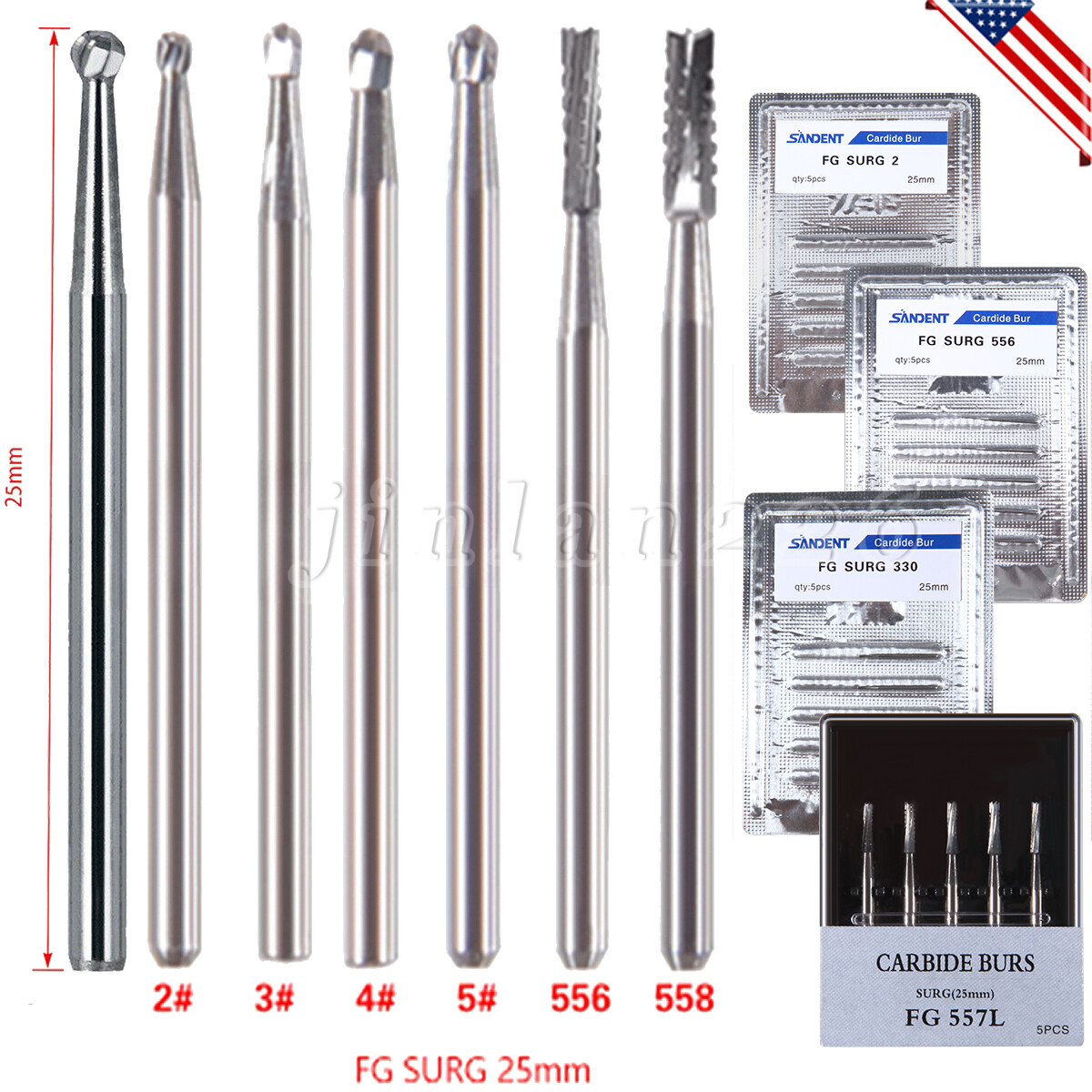 Dental Surgical Burs Round Carbide FG SURG 2 3 4 5 330 Long 25mm High Speed Bur