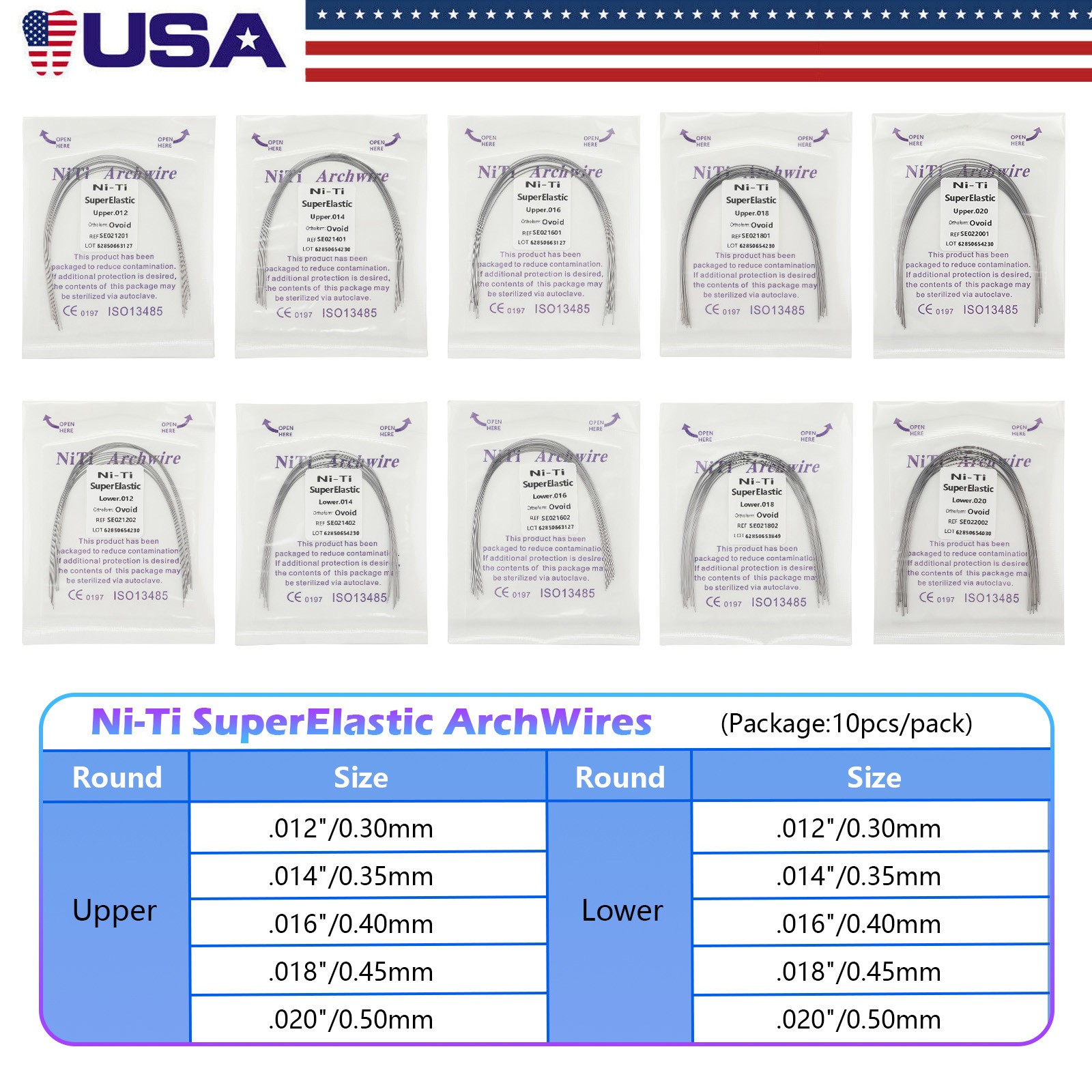 10 Packs/100pcs Dental Ortho Super Elastic Niti Round Arch Wire Ovoid Form