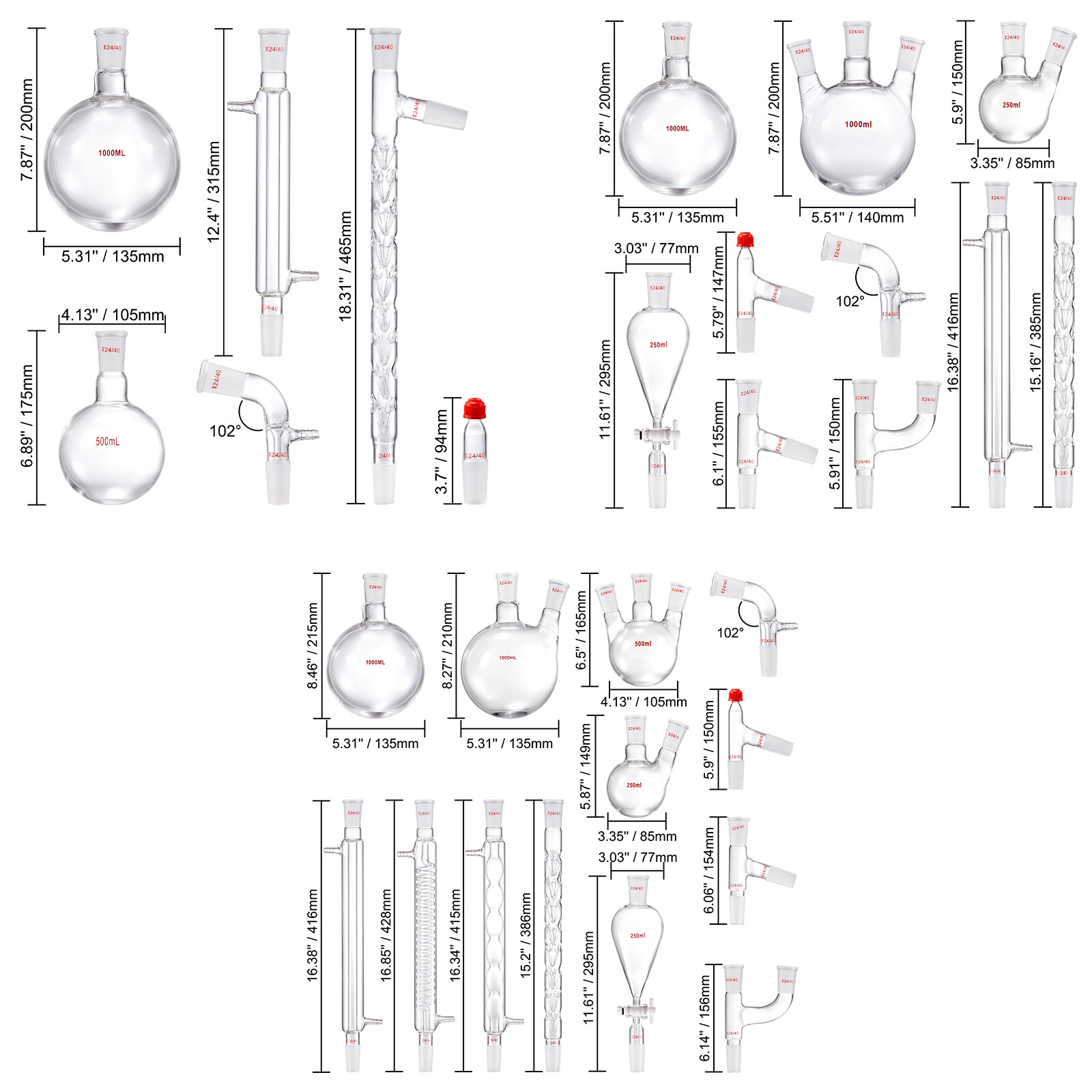 Lab Glassware Distillation Kit 1000ml 3.3 Boro 14/29/32 pcs Glassware Equipment