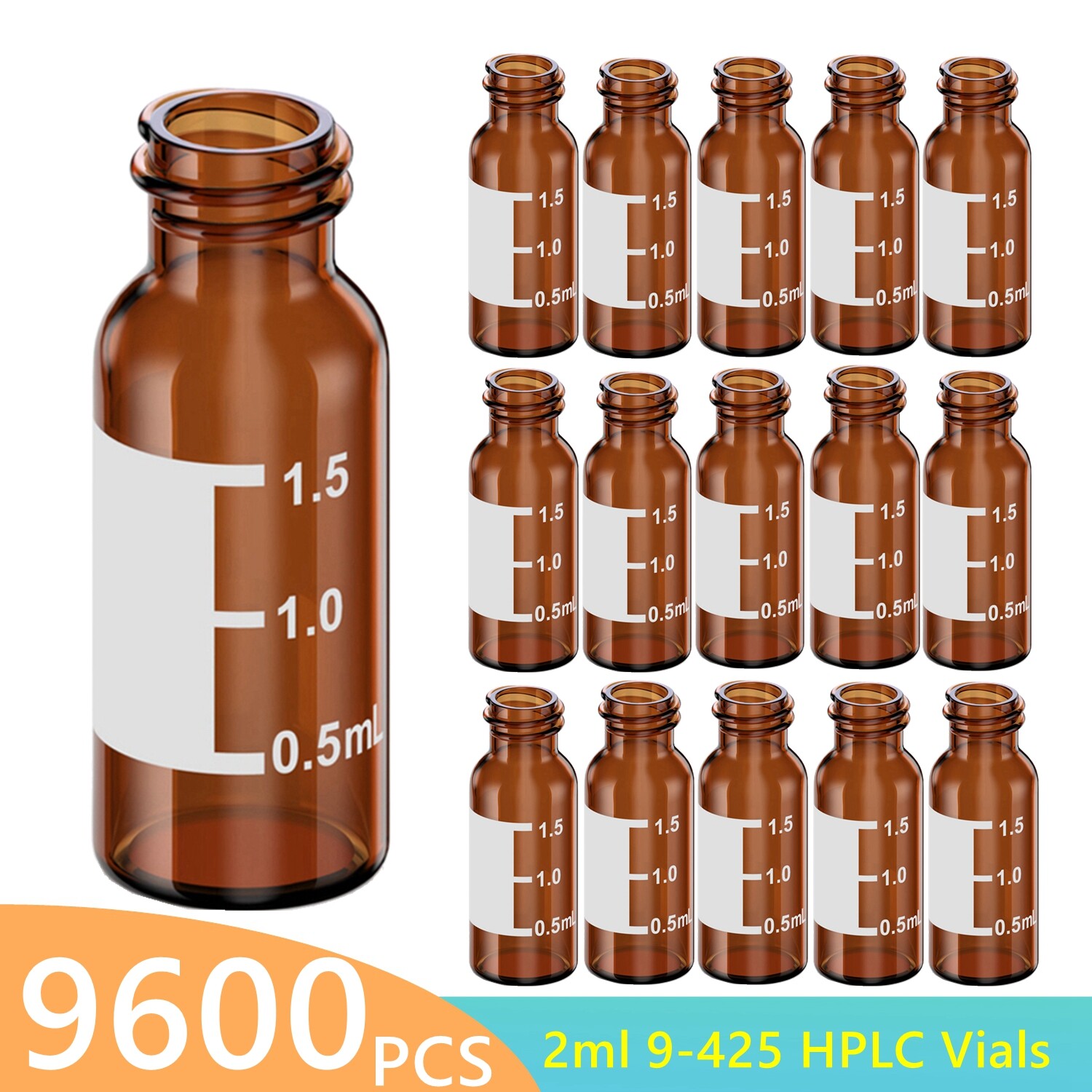 9600PCS 2ml HPLC LAB Brown Glass Vials Leak Proof 9-425 Screw Top, Borosilicate