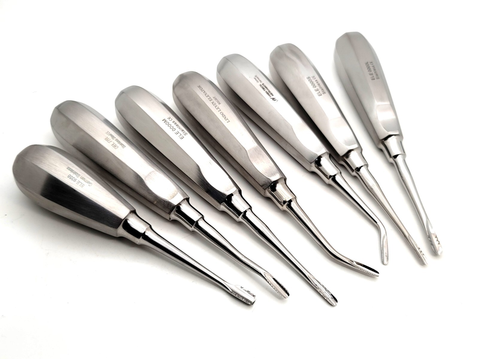 7 pcs Assorted Serrated Root Tip Straight Curved Angled Offset Dental Elevators