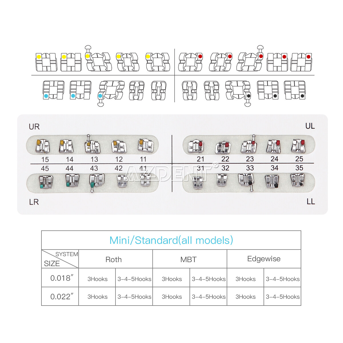 10Packs AZDENT Dental Brackets Mini/Standard MBT/Roth 022/018 Hooks 3 4 5