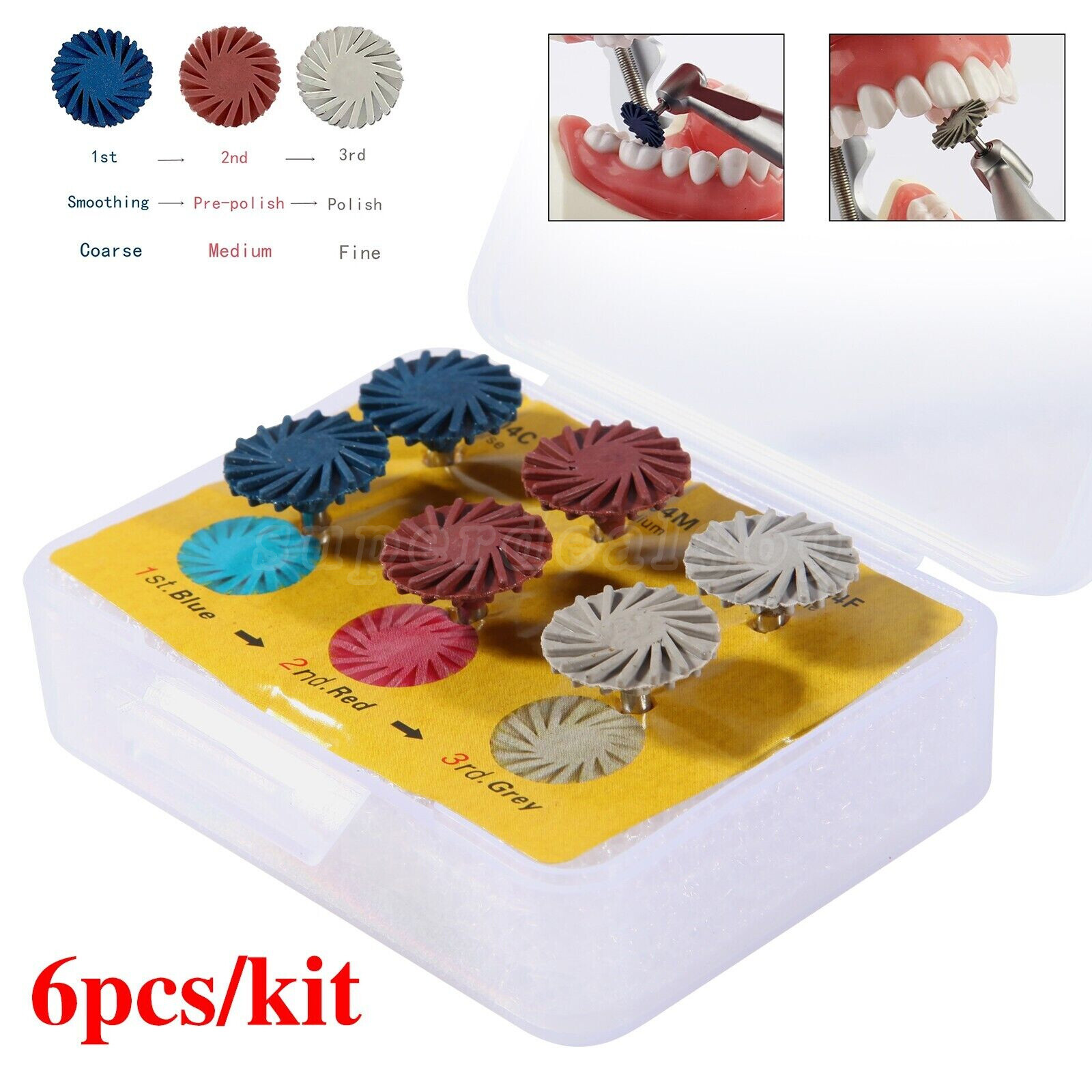 6*Dental Composite Polishing Diamond Burs RA 2.35mm Disc Rubber Wheel Kit ty