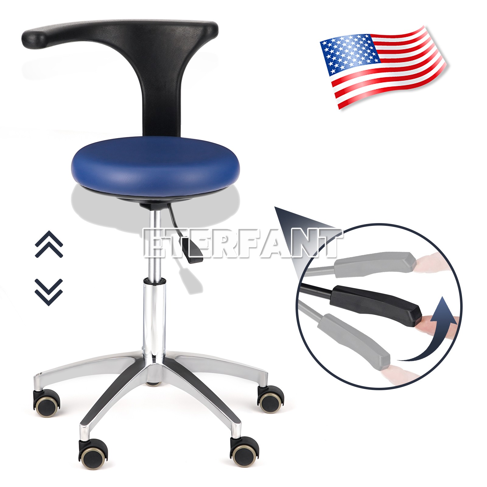 Adjustable Dental Doctor Assistant Stool Mobile Chair PU Leather Blue/Black