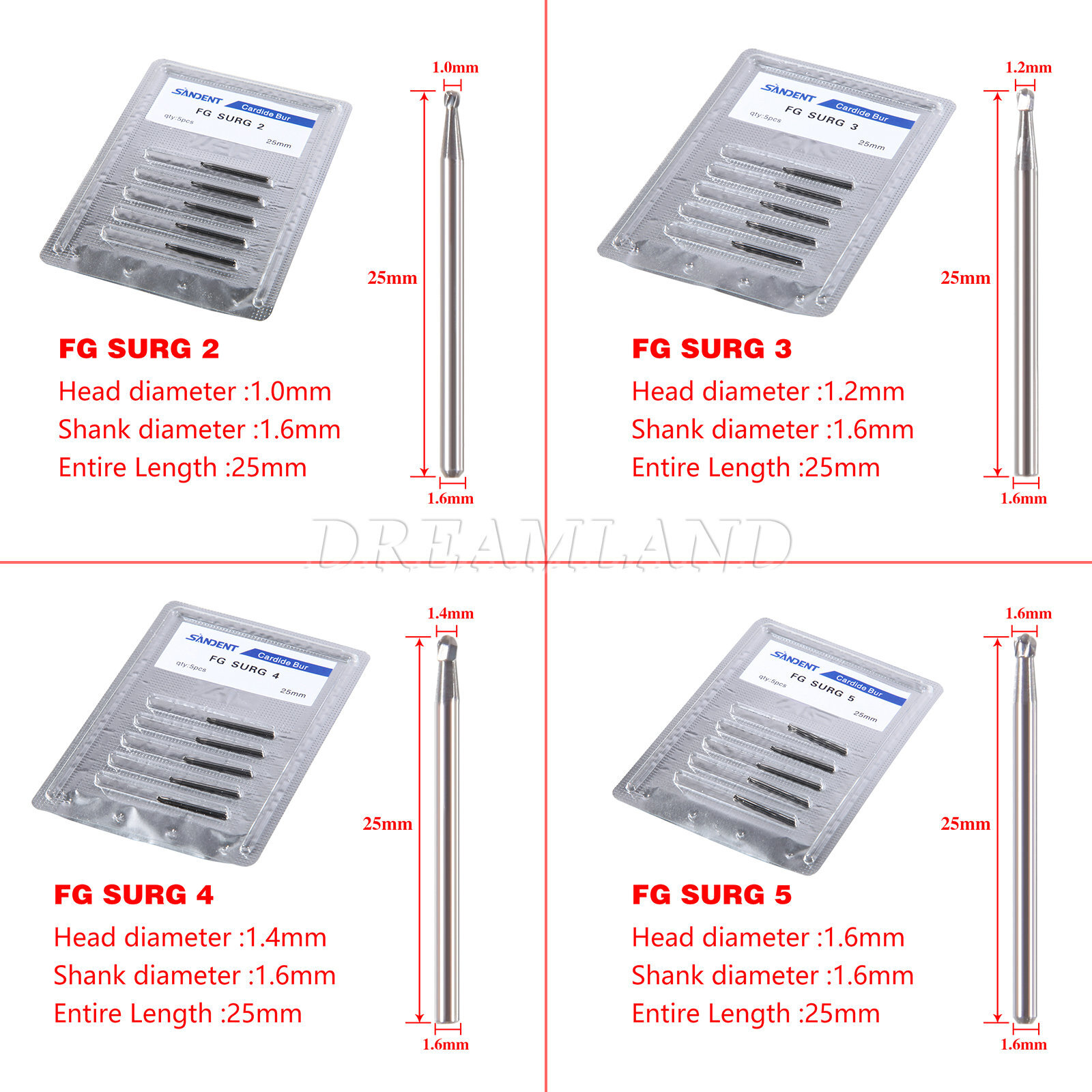 5pcs/pack Dental Surgical Round Burs FG 2 3 4 5 Carbide Length Bits Long Shank