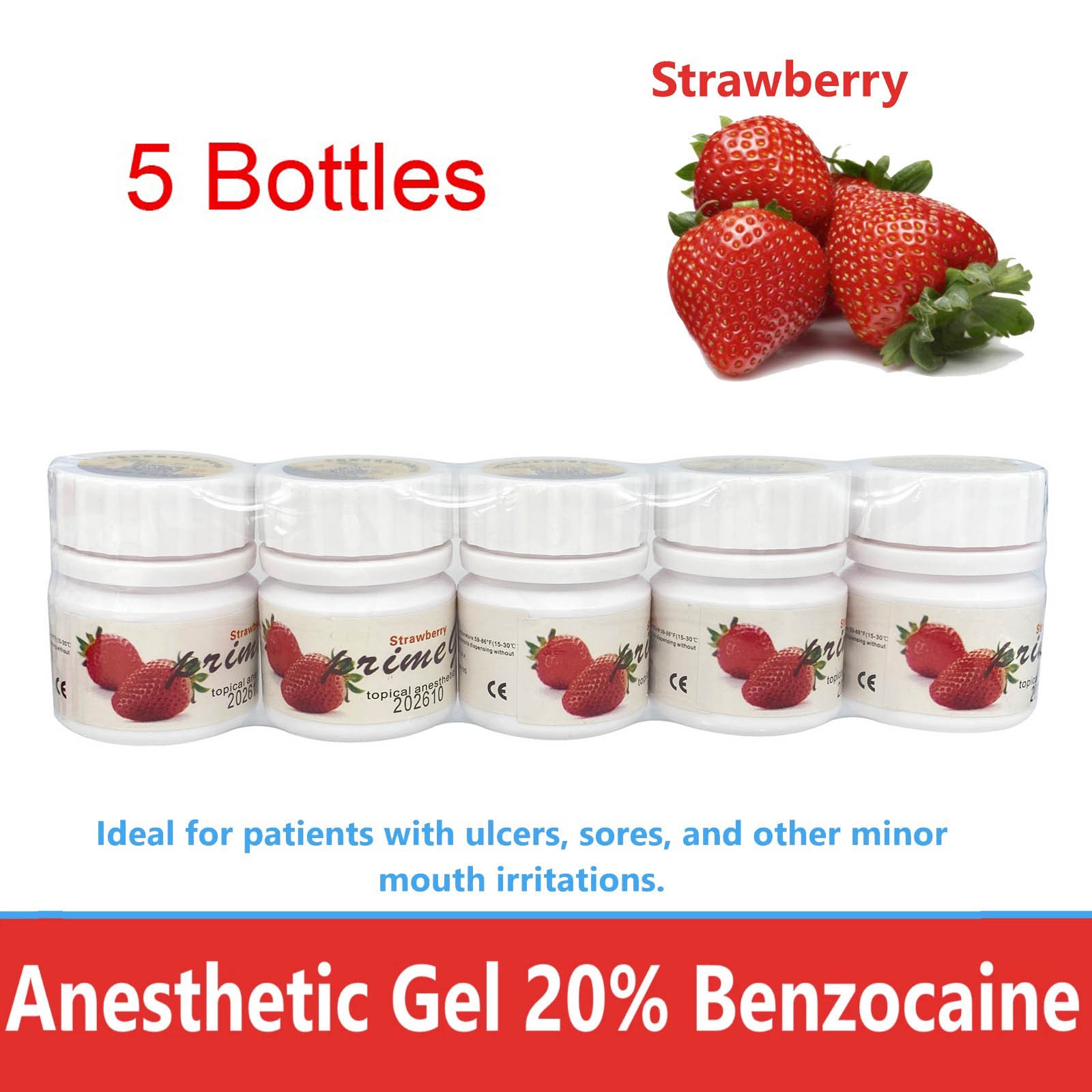 5 Pcs Bottles Dental Topical pain free Gel 20% Benzocaine 1oz Jar Strawberry