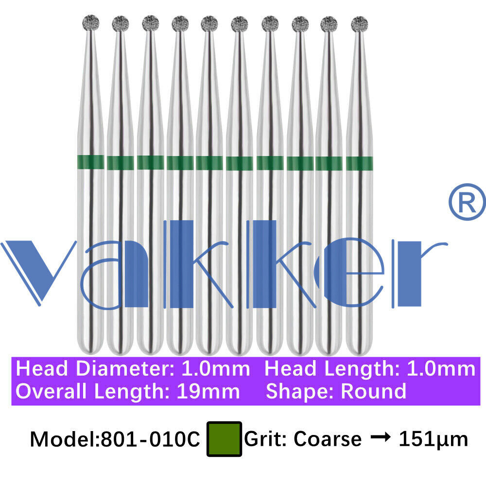 10pc Vakker FG Diamond Burs Round/Round with Neck Shape for High Speed Handpiece