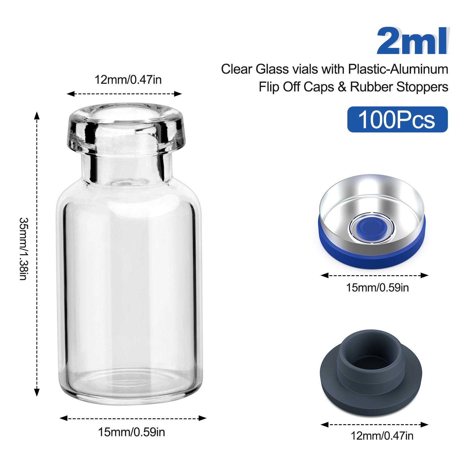 100PCS 2ml Headspace Vials Clear Glass Bottle 13mm Crimp top Flat Bottom HPLC