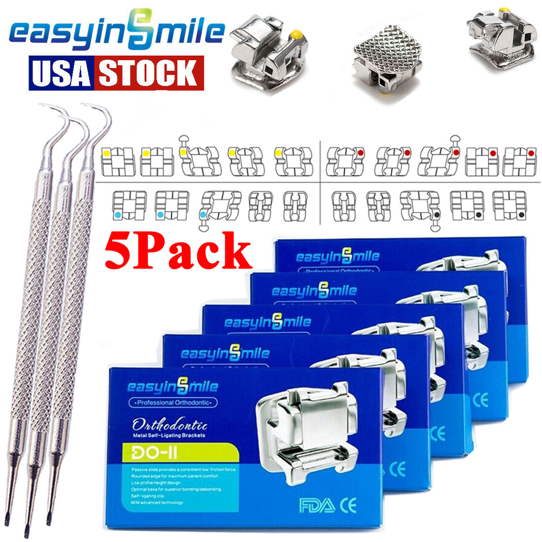 Easyinsmile Dental Orthodontic Self-ligating Metal Brackets MBT 3 with hook 022