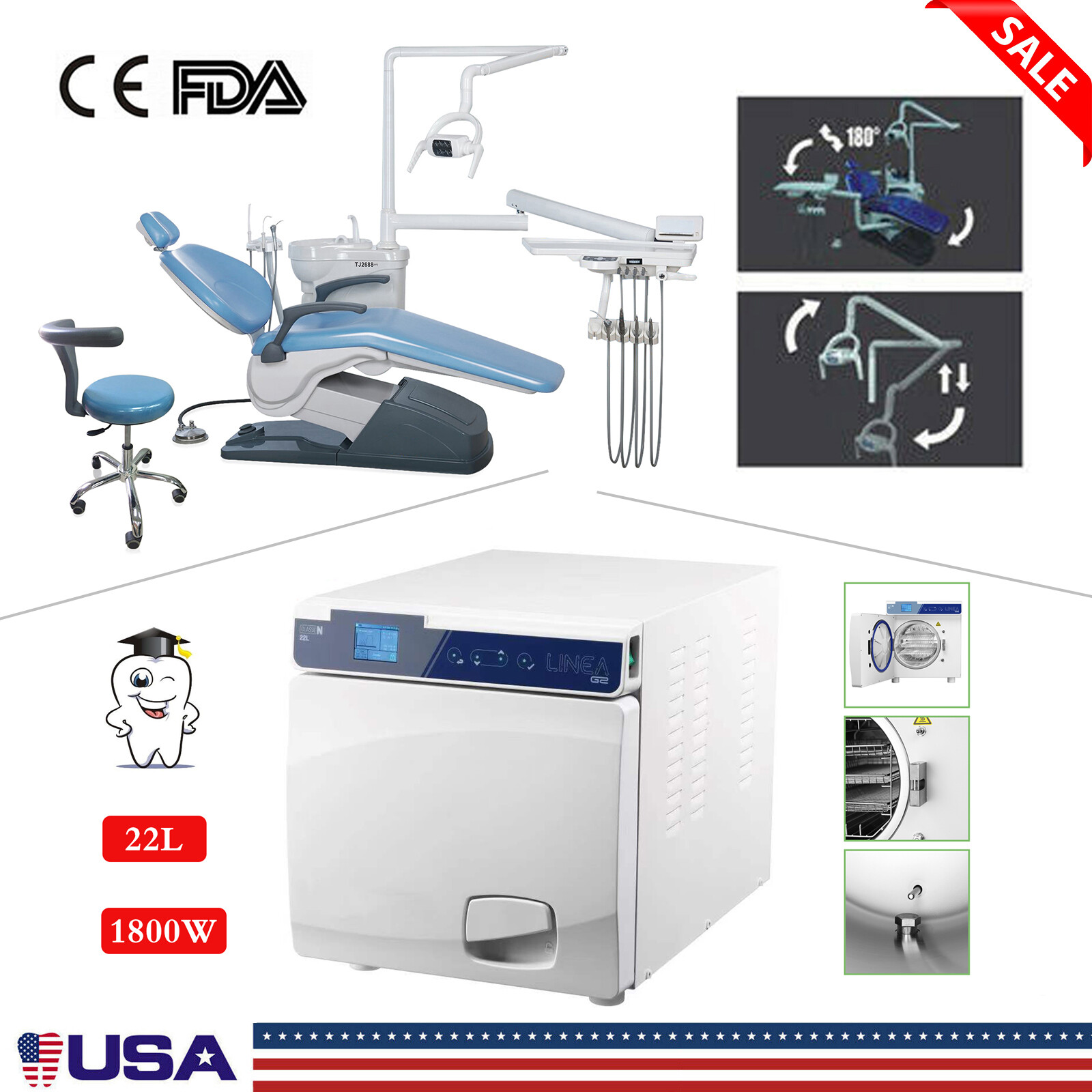 Dental Chair Unit Computer Controlled DC Motor + Doctor Stool TJ2688-A1 /Turbine