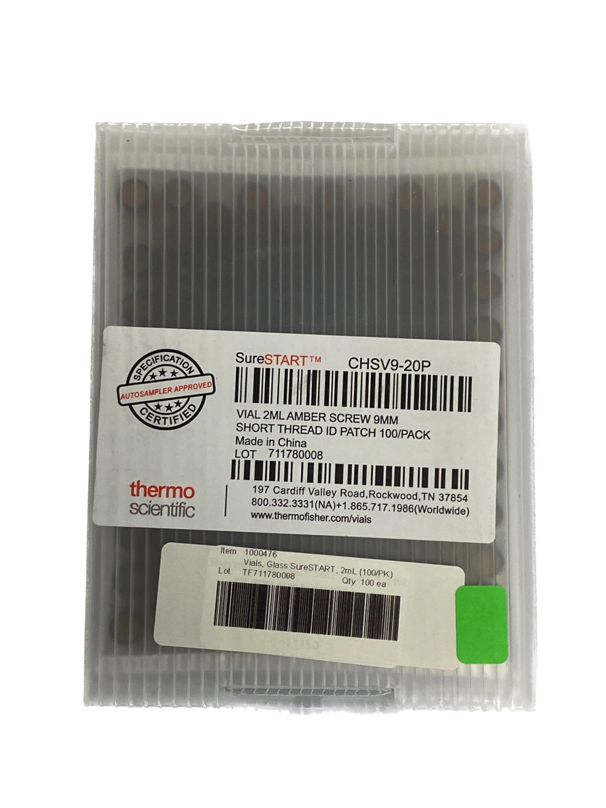 (100/Pk) THERMO SureSTART 2mL Amber Vials 9mm Short Thread ID Patch CHSV9-20P