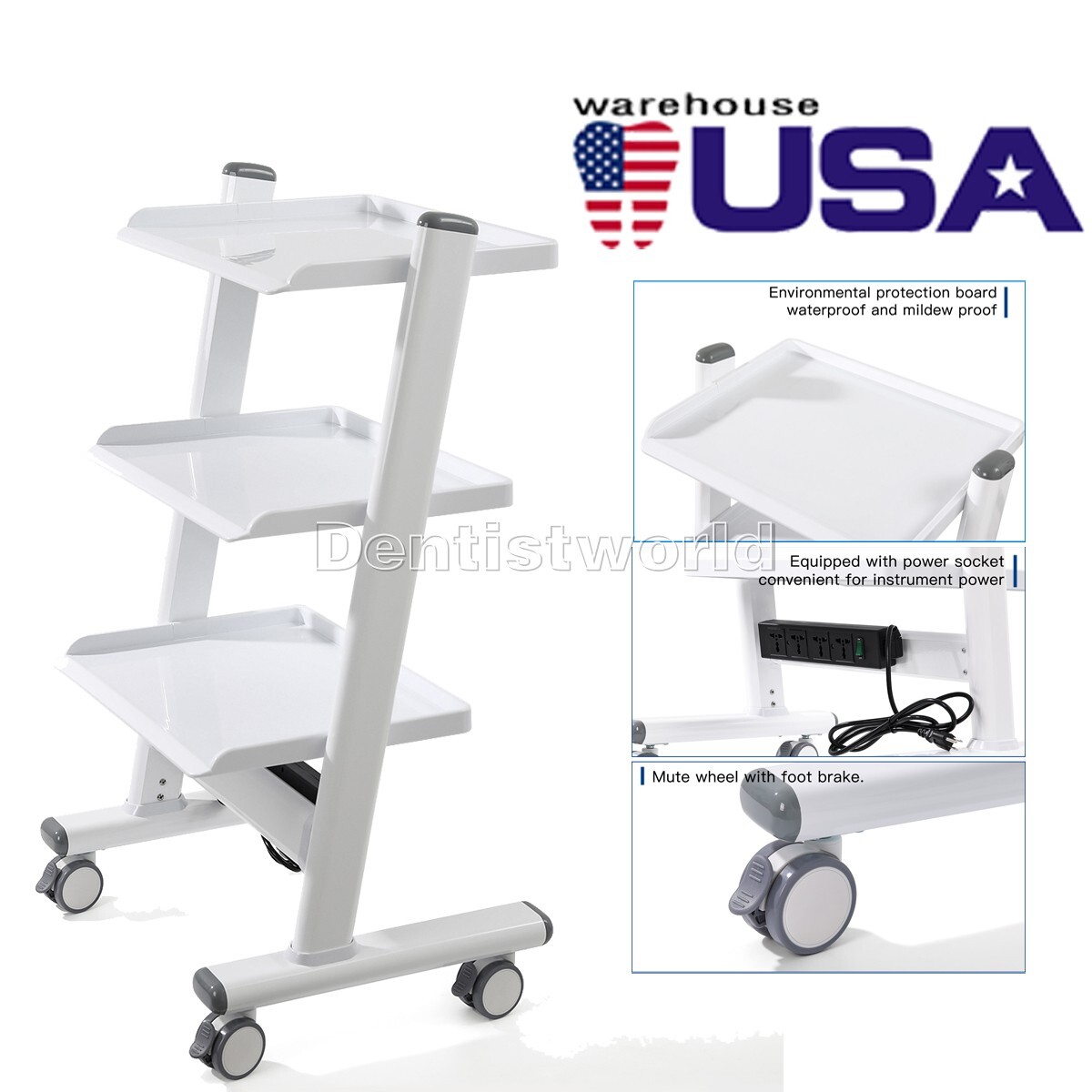Dental Mobile Trolley Cart Built-in Socket Medical Trolley Three Layer Equipment