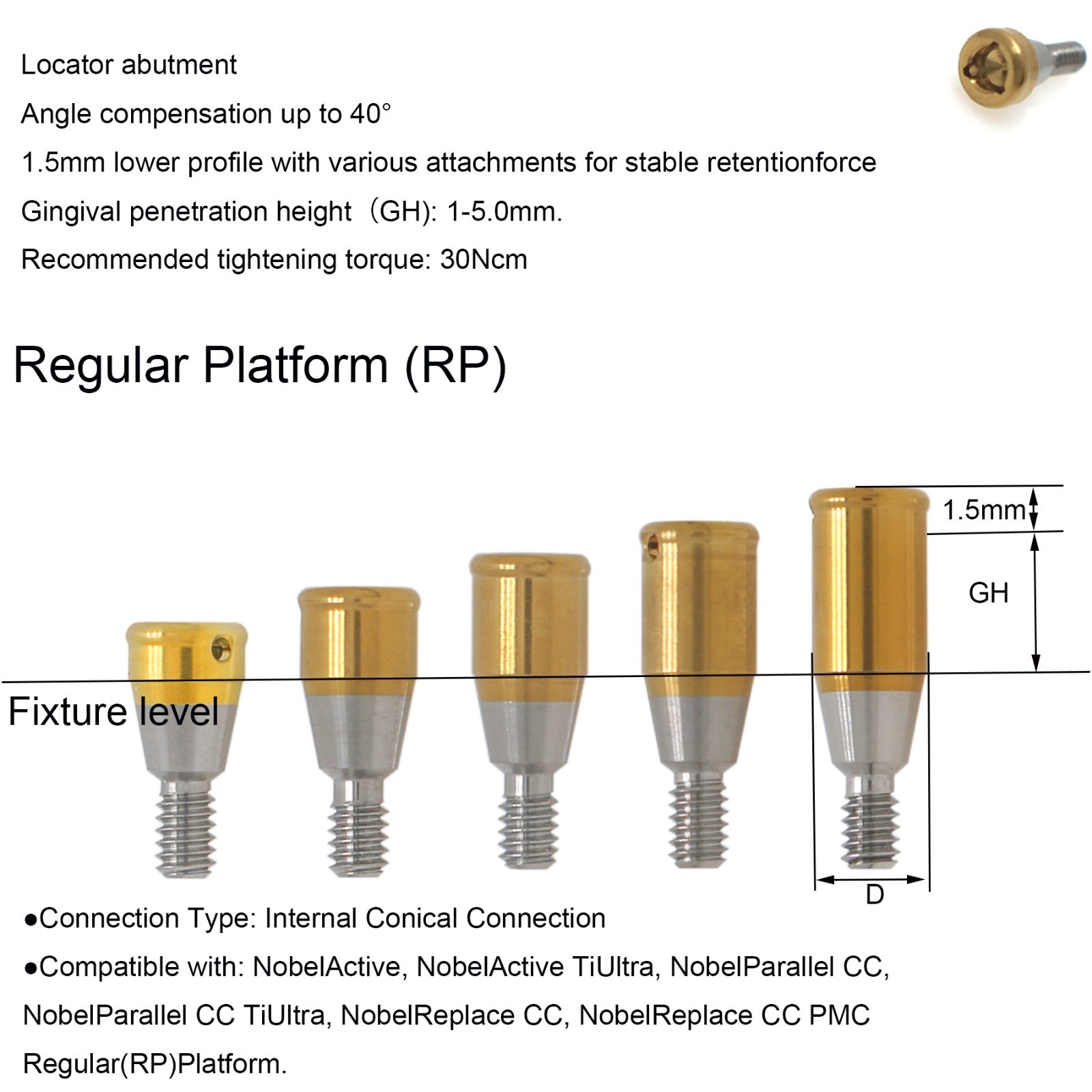 US Dental RP Conical Connection Locator Abutment fits Nobel Active RP Implant