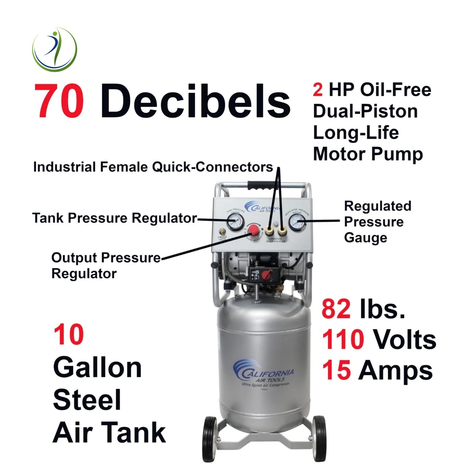 Dental Air Compressor Oil-Free 2-HP 10-gal 70dB Silent Ultra Quiet with Wheels