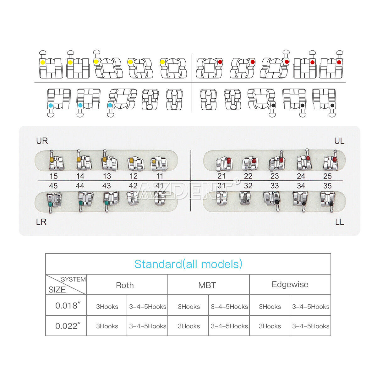 Dental Orthodontic Bracket Brace Mini Standard Roth/MBT.022/018 3-4-5/3 Hooks