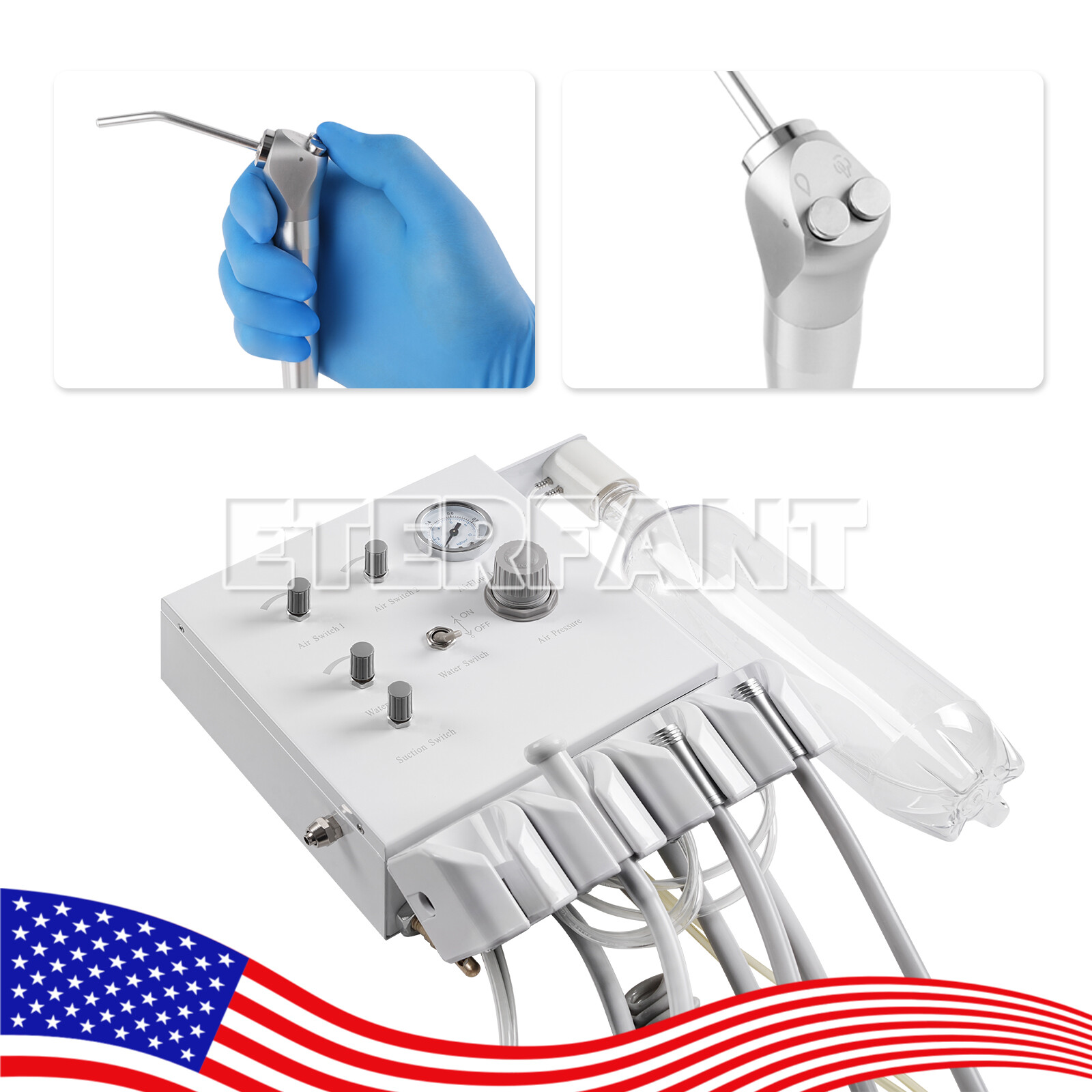 ETERFANT Portable Dental Turbine Unit Work with Air Compressor 4H+3 Way Syringe