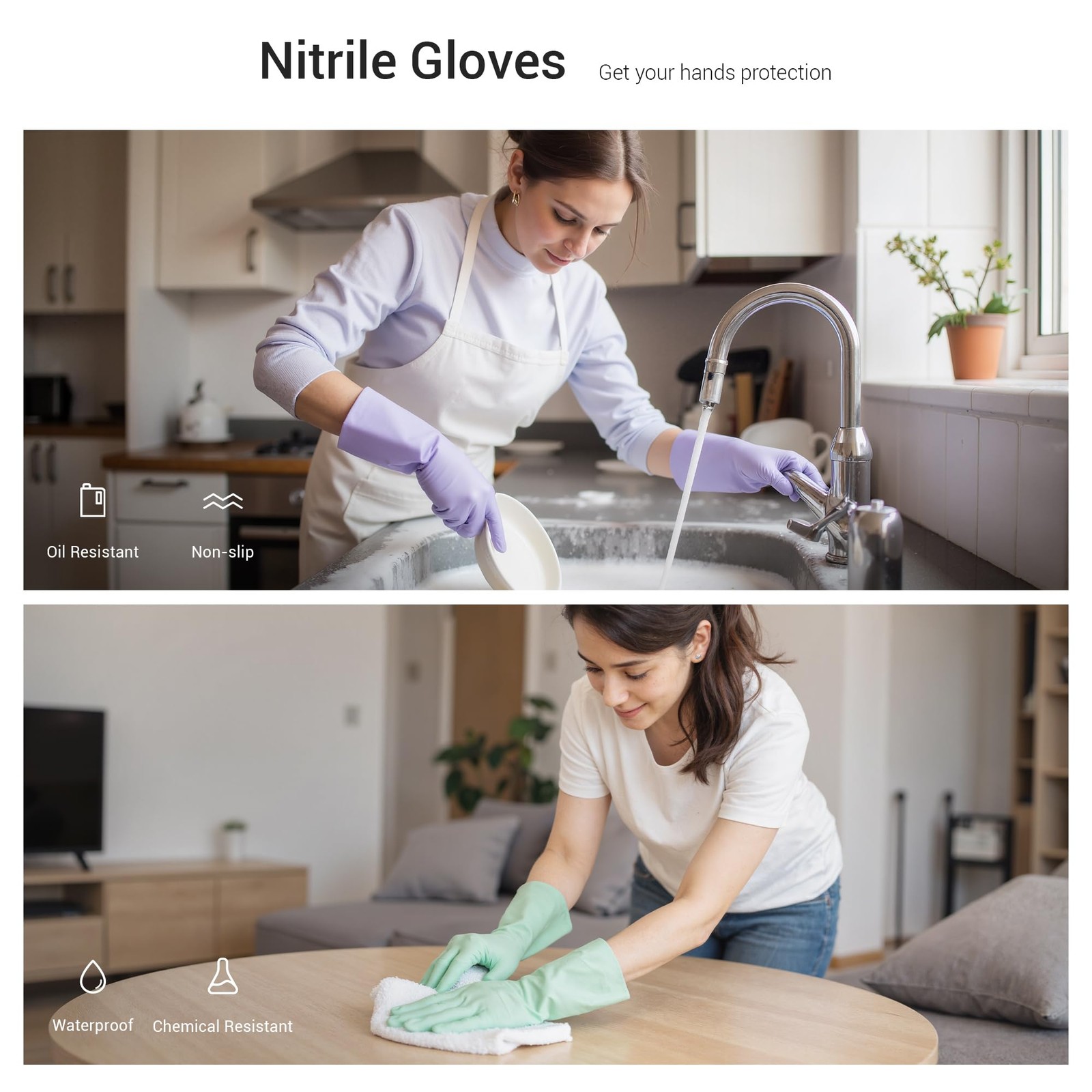4 Pairs Nitrile Cleaning Gloves, Latex~Free Reusable Dishwashing Gloves