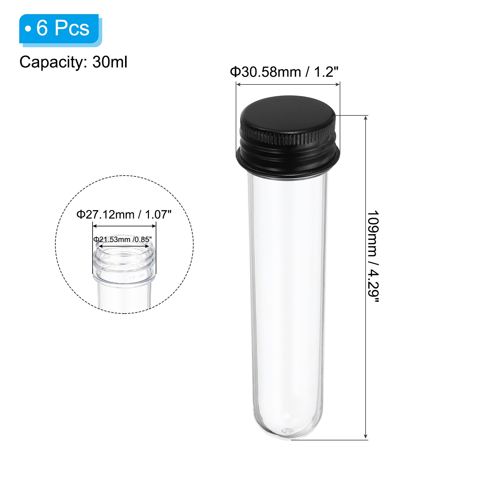 6Pack 30ml Plastic Test Tubes with Screw Caps 109x27mm Tubes Black