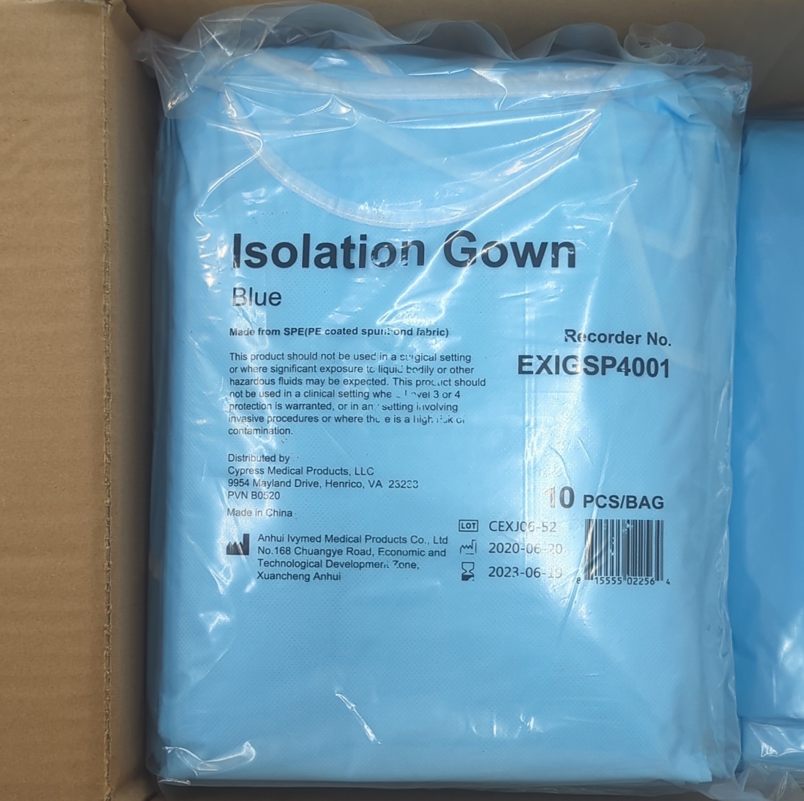 100 PCS Box Cypress Medical Products Isolation Gown Blue EXIGSP4001 Physical Lab
