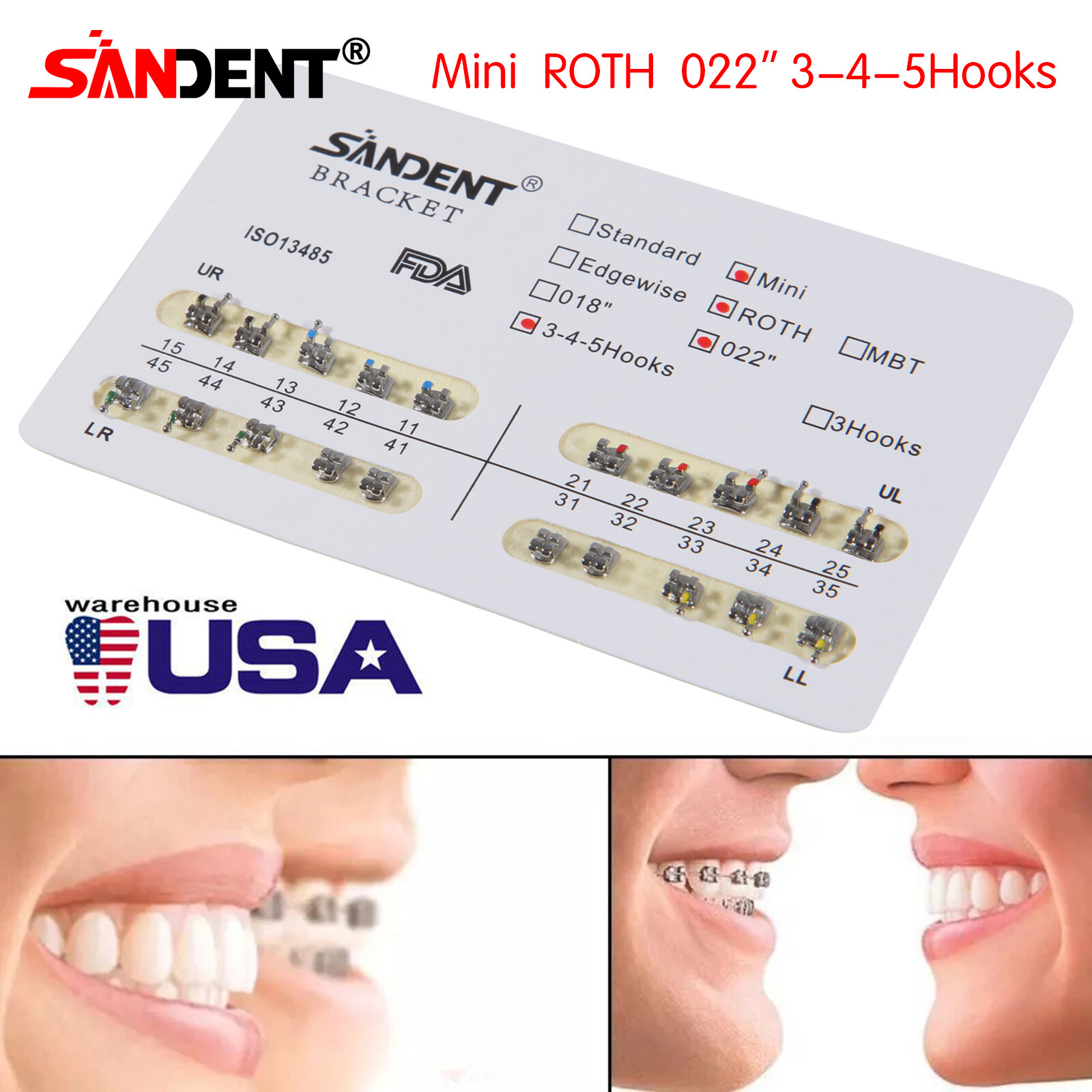 10-100 Packs Dental Orthodontic Brackets Braces Mini Roth.022Hooks 3-4-5 SANDENT