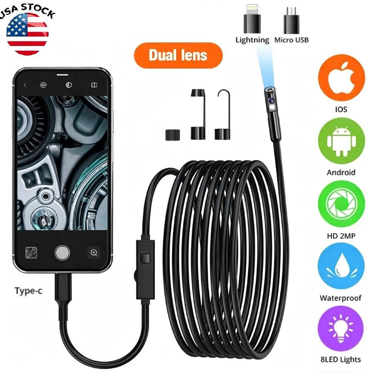 HD Endoscope Inspection Camera Waterproof Plumbing Drain Automotive Borescope