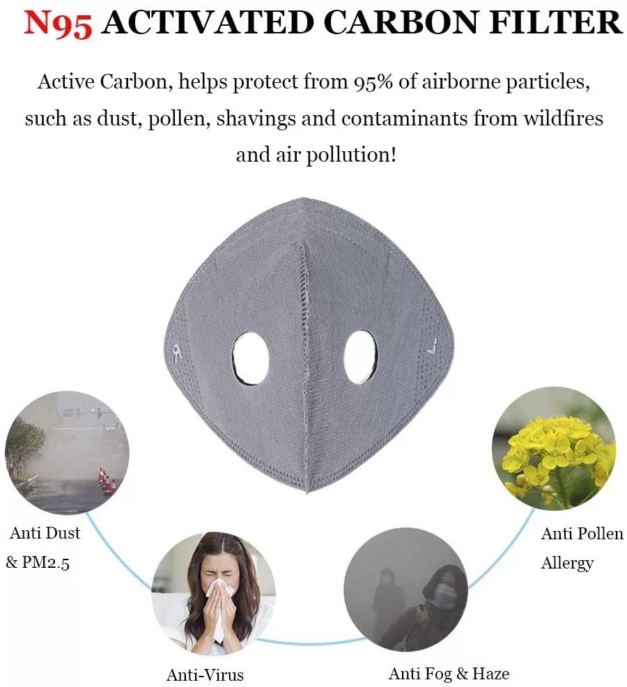 Reusable Cycling Sports Face Mask Breathing Valves With Active Carbon Filter US