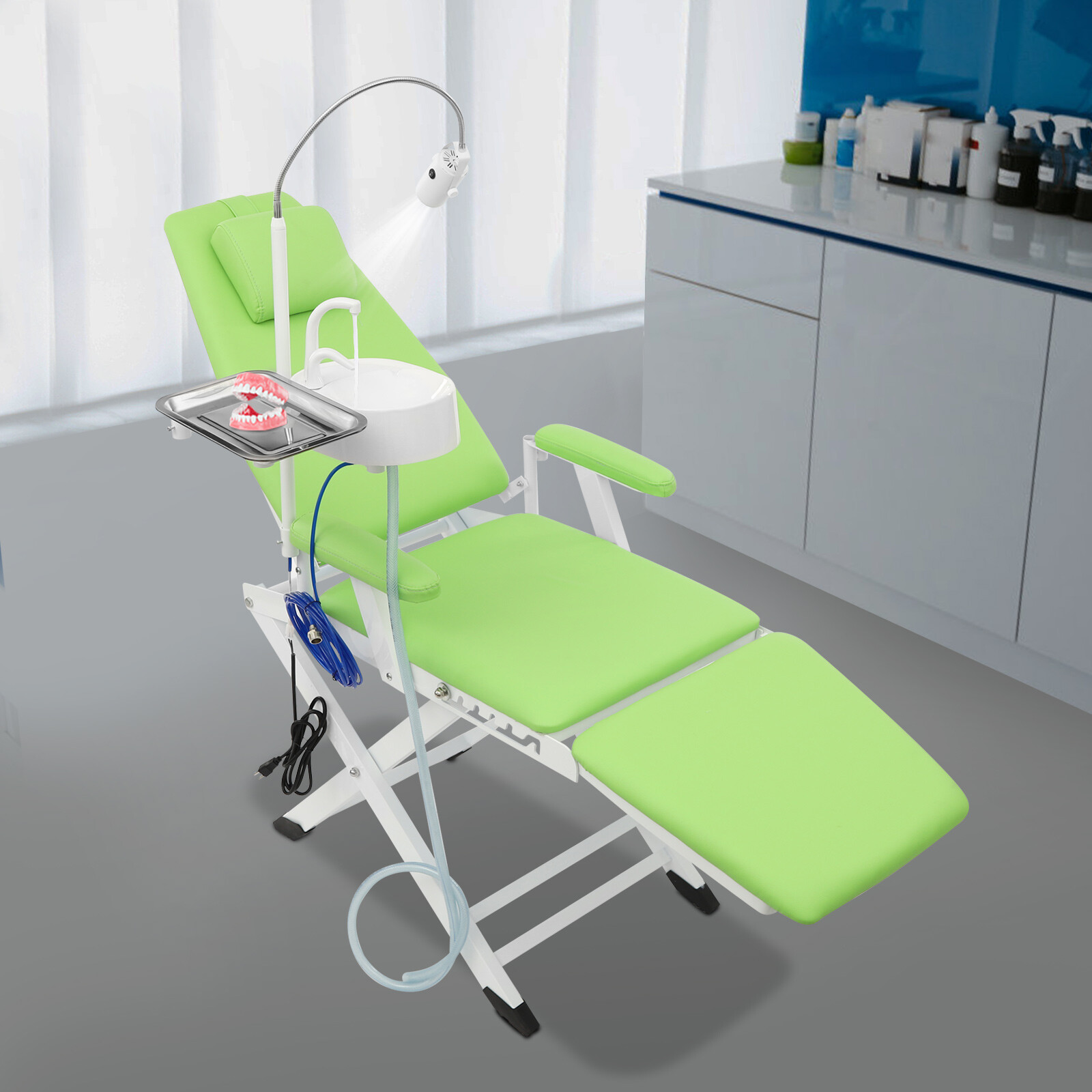 Portable Dental Chair Mobile Folding Chair Exam Chair w/LED Light &Spittoon+Tray