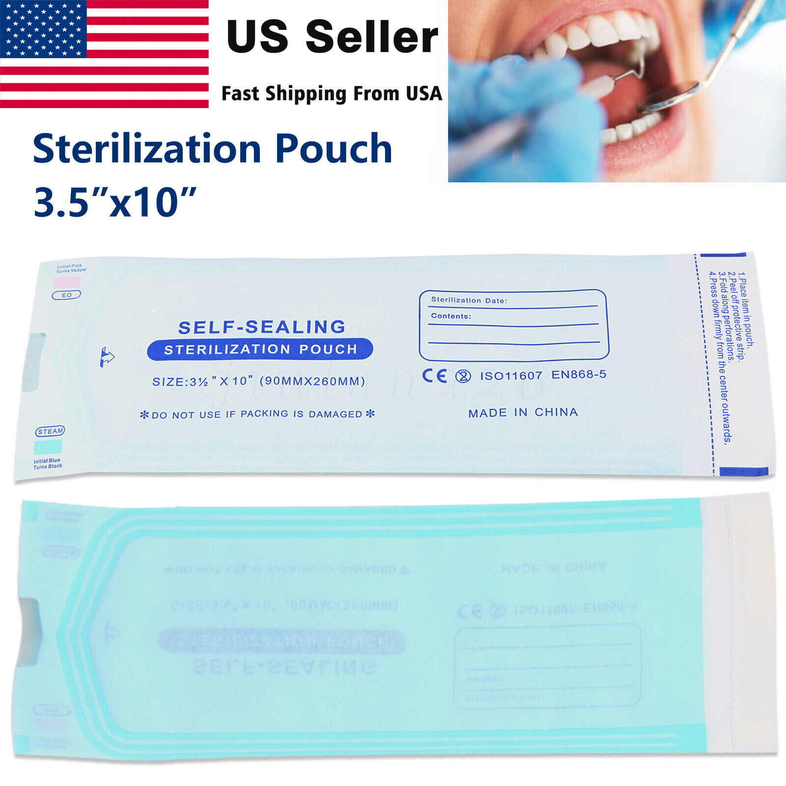 4000 3.25″ x 12″ Self Sealing Dental Sterilization Pouches Autoclave Bags