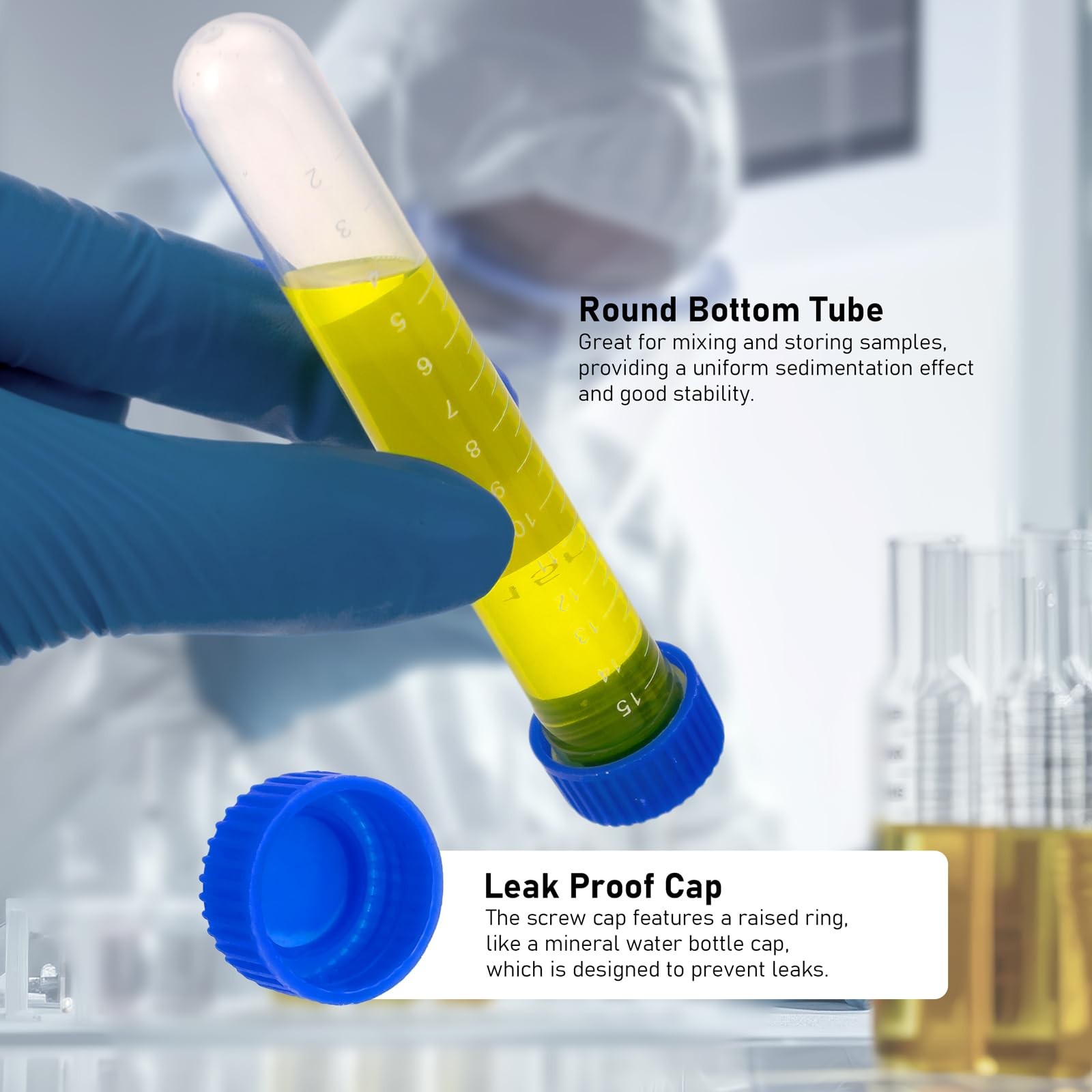 100 PCS 15ml Round Bottom Centrifuge Tubes 2 PCS Racks Plastic Lab Vials Cap